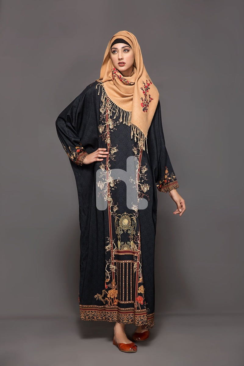 DW18-64 Black Printed Stitched Cotton Modal Jalabiya - 1PC - Nishat Linen UAE