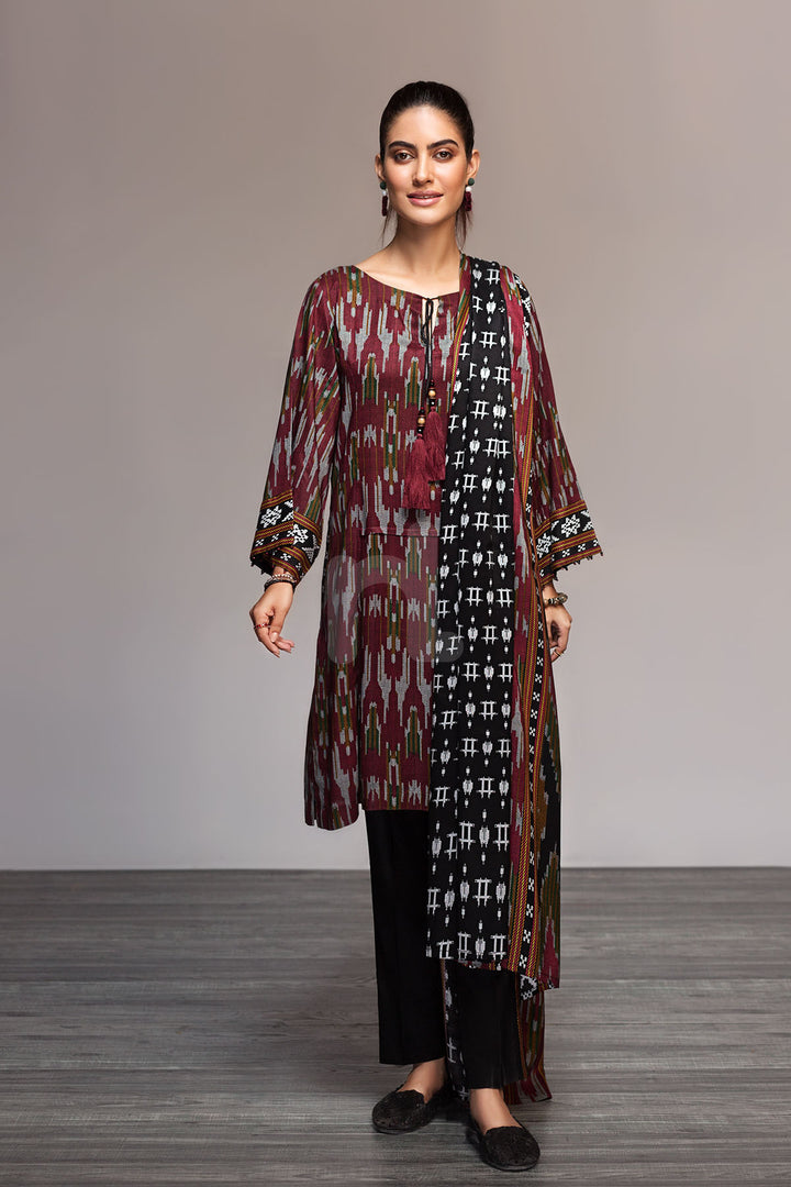 PDW19-11 Red Printed Stitched Linen Shirt, Dyed Trouser & Printed Dupatta - 3PC - Nishat Linen UAE