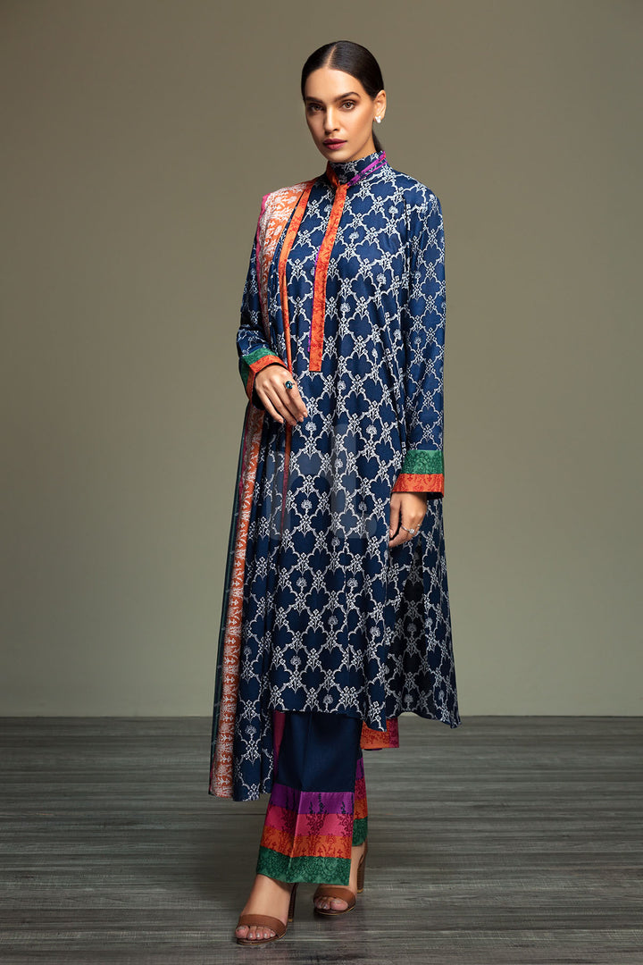 PDW19-15 Blue Printed Stitched Linen Dress - 3PC - Nishat Linen UAE