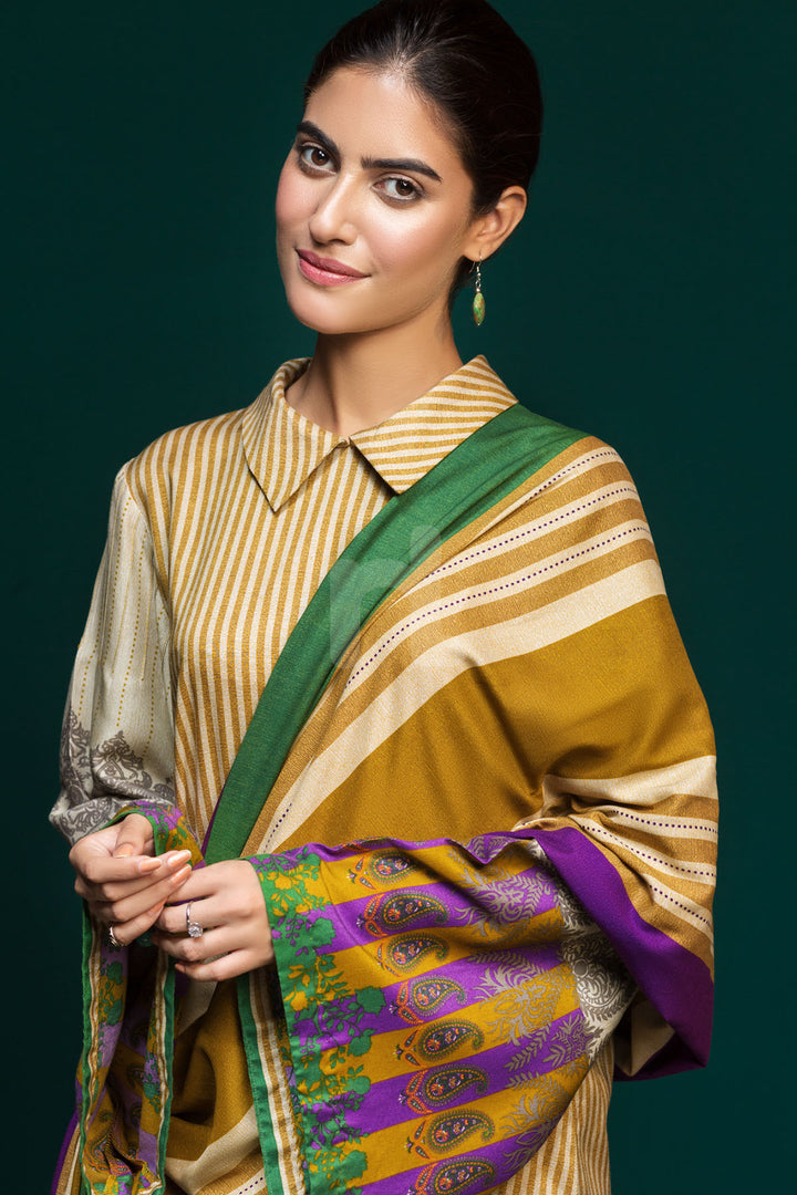 PDW19-20 Beige Printed Stitched Linen Shirt, Dyed Trouser & Printed Dupatta - 3PC - Nishat Linen UAE