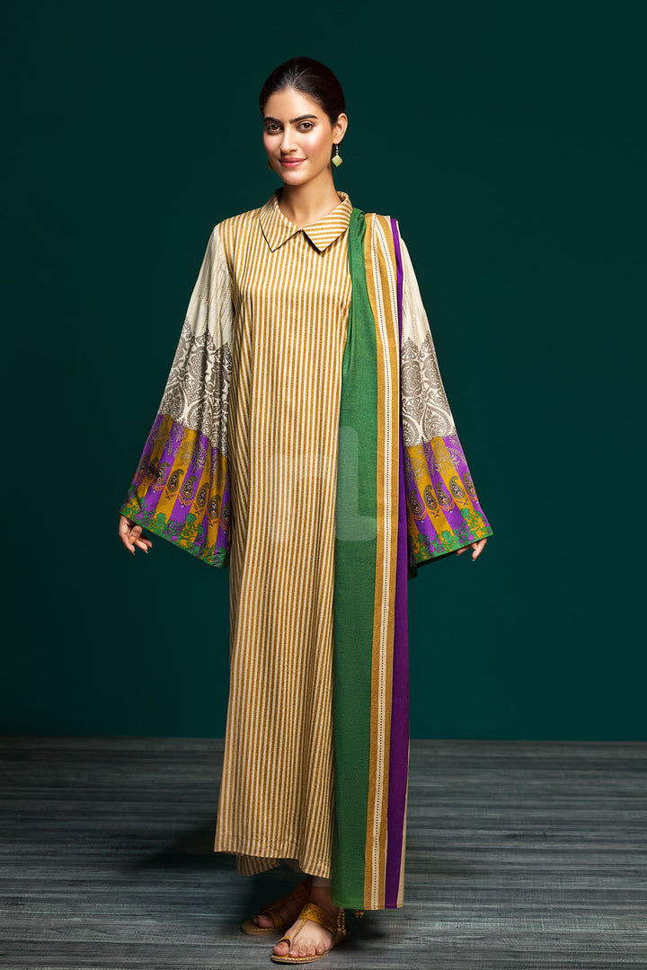 PDW19-20 Beige Printed Stitched Linen Shirt, Dyed Trouser & Printed Dupatta - 3PC - Nishat Linen UAE