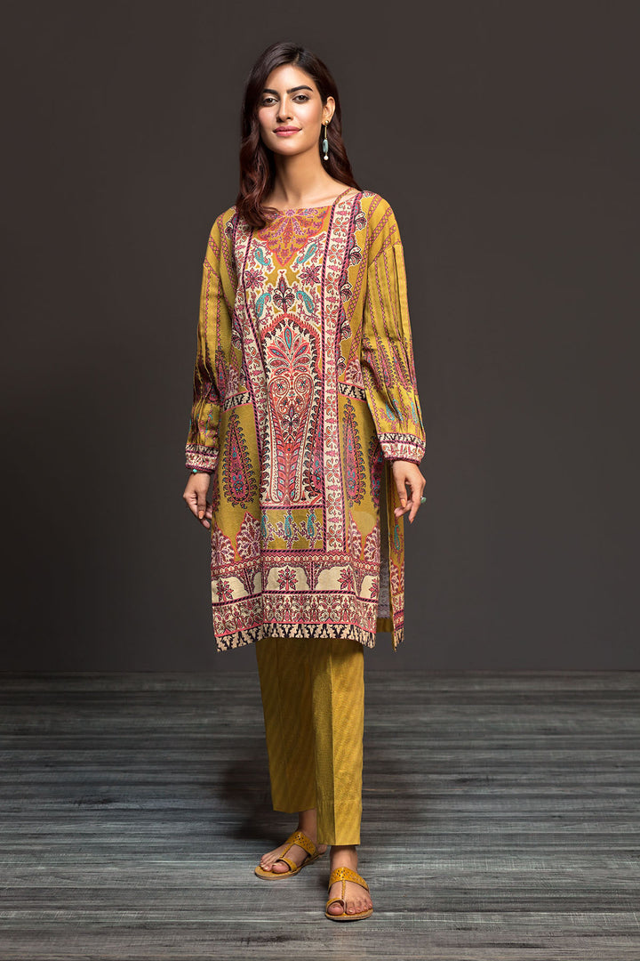 PDW19-06 Mustard Printed Stitched Linen Shirt & Printed Trouser - 2PC - Nishat Linen UAE