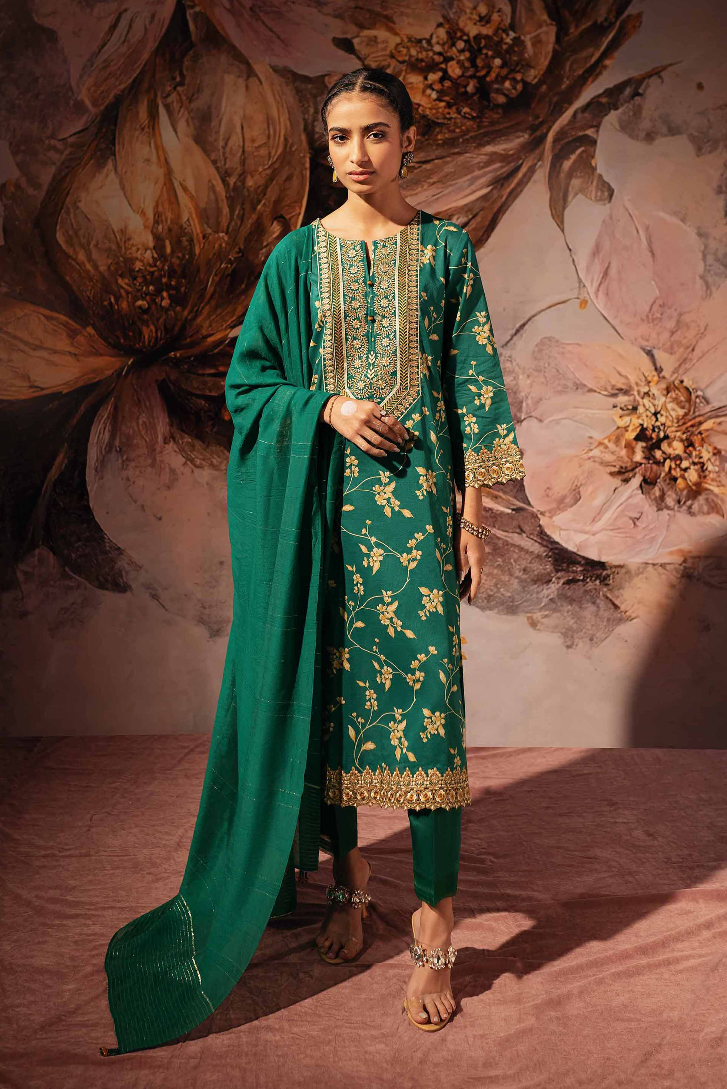 2 Piece - Gold Printed Embroidered Suit - 42301229