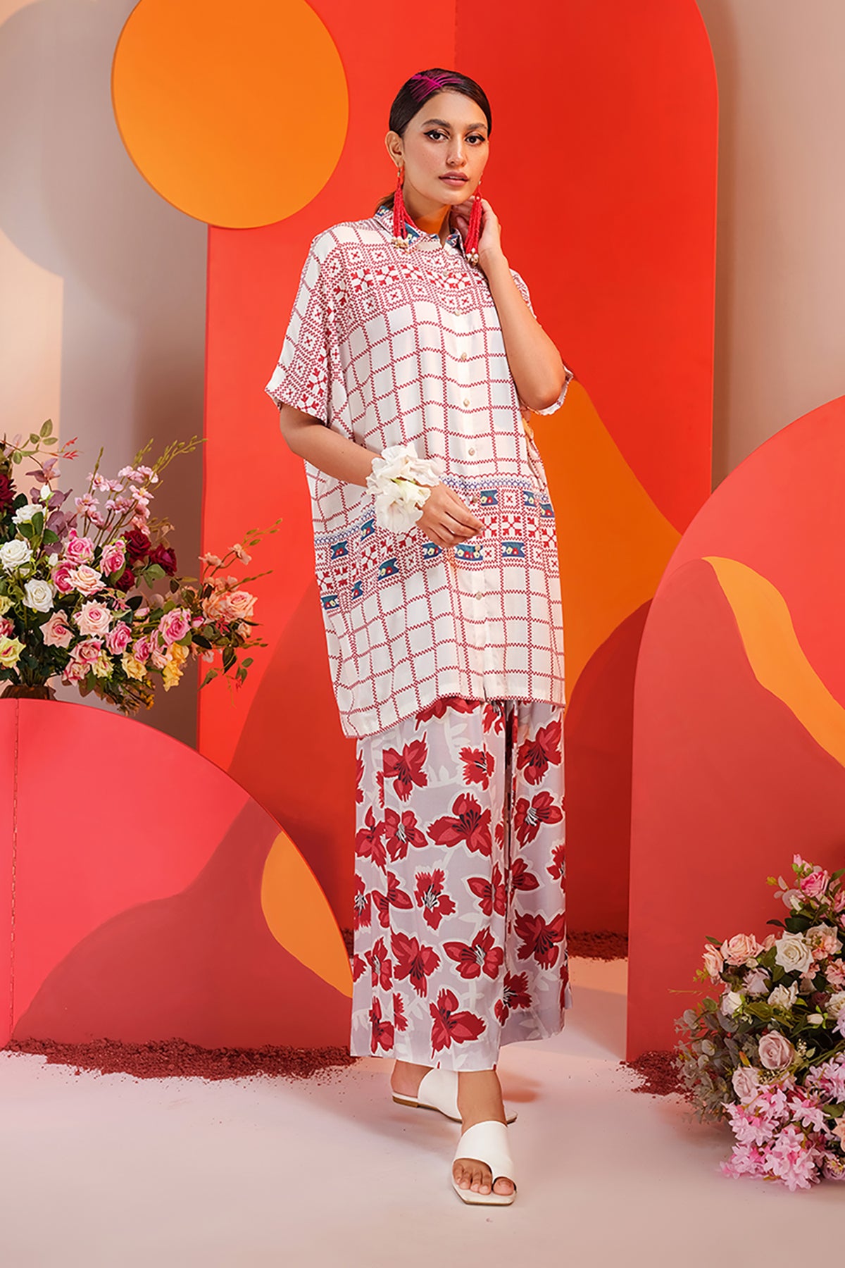 AS22-08-Printed Kimono Tunic With Trousers 2PC