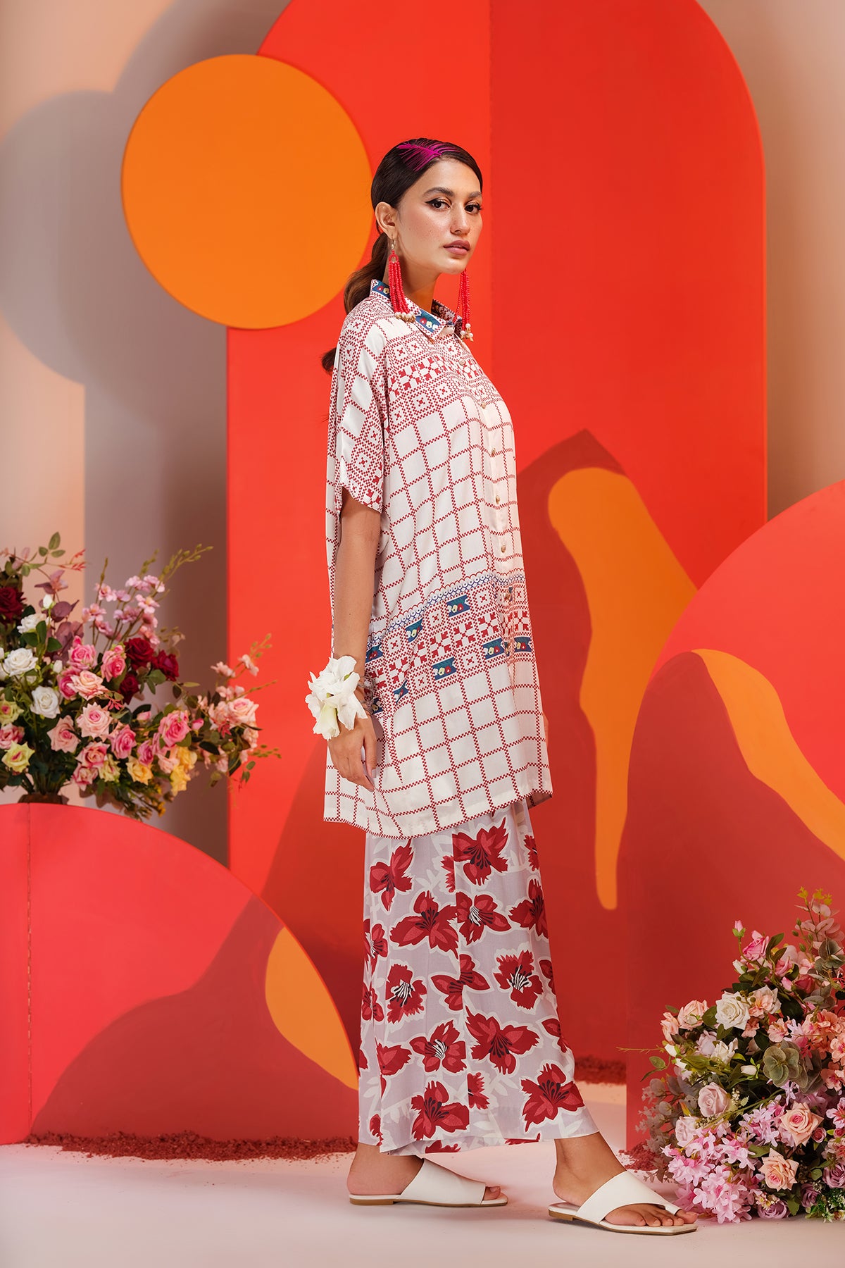 AS22-08-Printed Kimono Tunic With Trousers 2PC