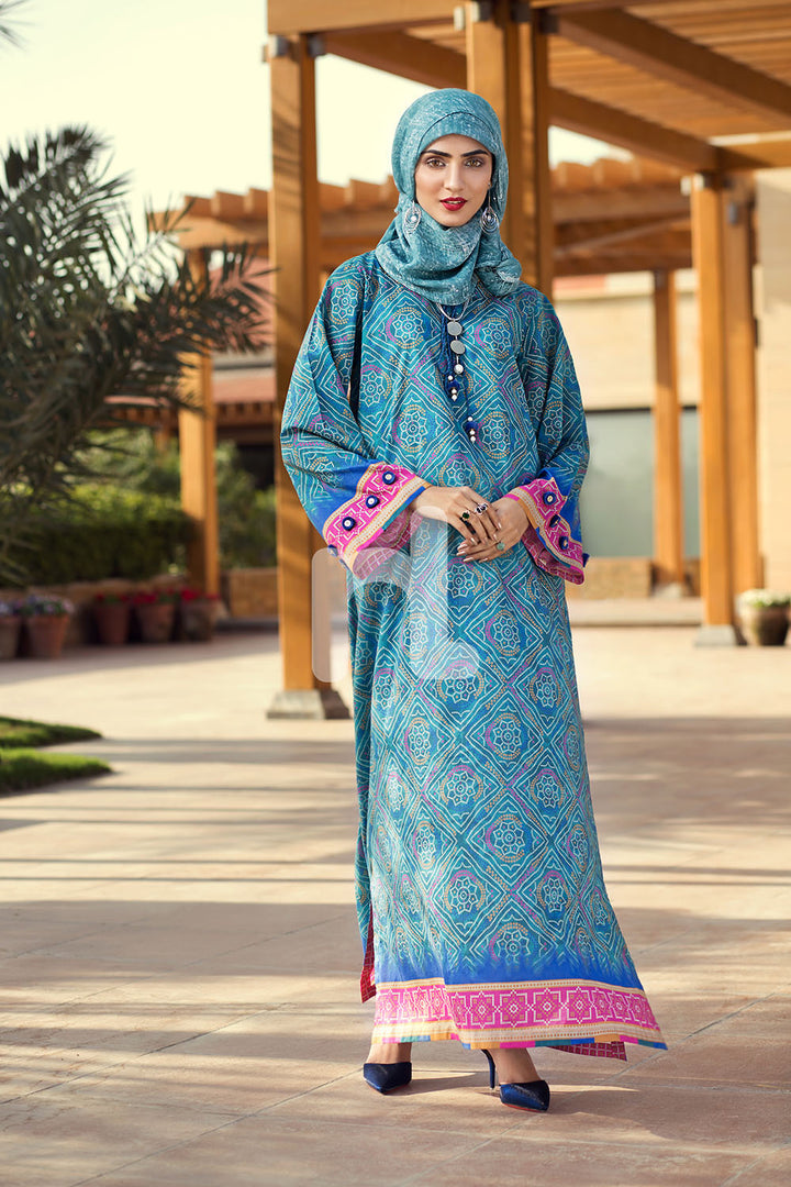 DE19-06 Blue Digital Printed Stitched Cambric Jalabiya - 1PC - Nishat Linen UAE