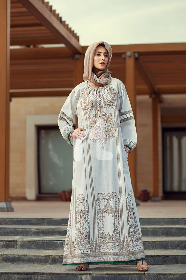 DE19-08 Beige Printed Embroidered Stitched Cambric Jalabiya – 1PC - Nishat Linen UAE