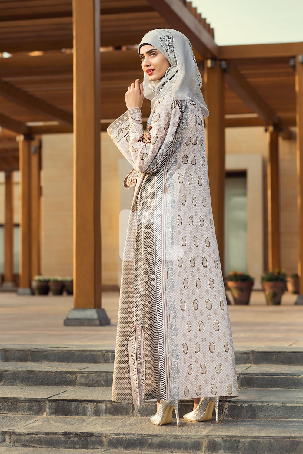 DE19-14 Beige Printed Embroidered Stitched Lawn Jalabiya – 1PC - Nishat Linen UAE