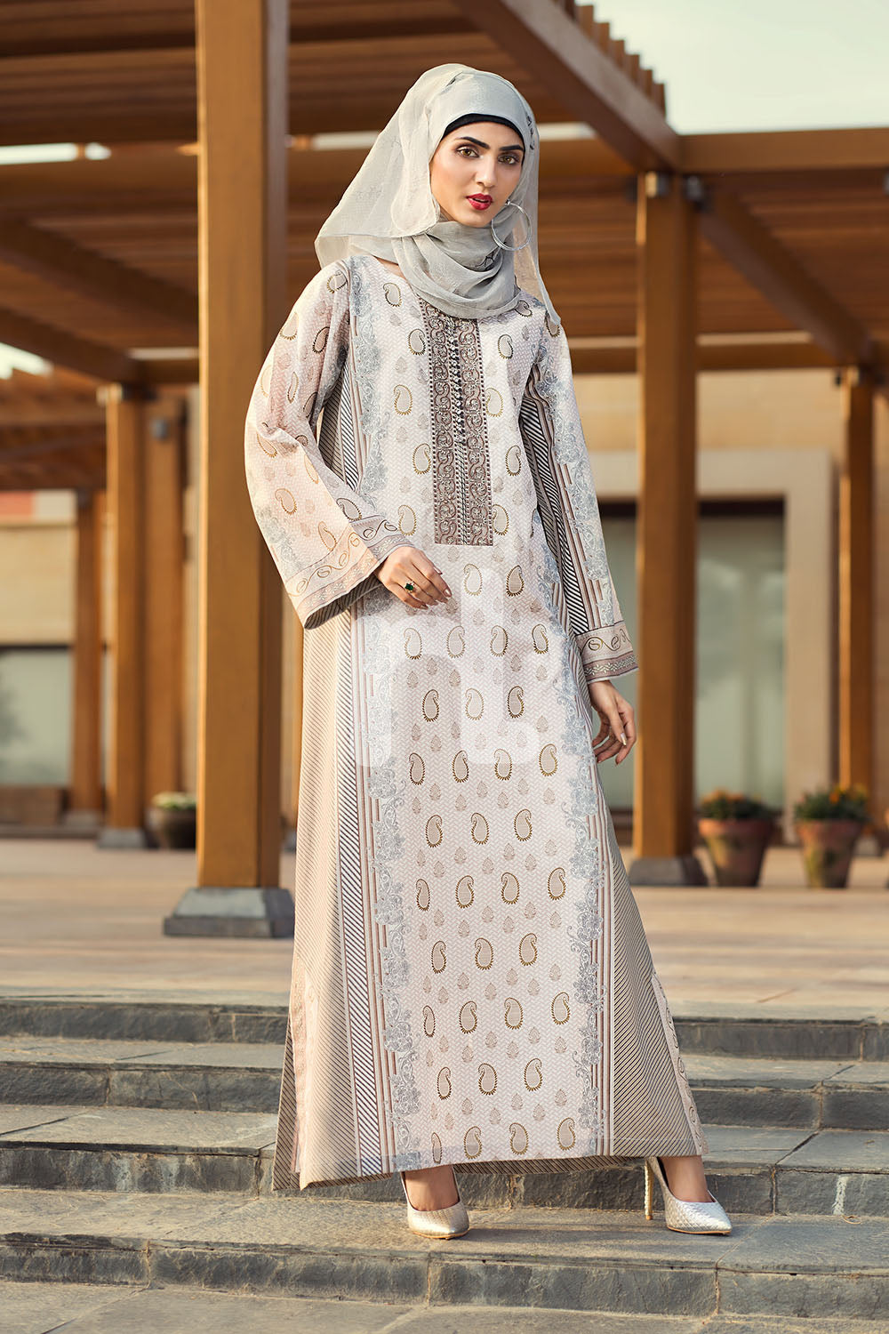 DE19-14 Beige Printed Embroidered Stitched Lawn Jalabiya – 1PC - Nishat Linen UAE