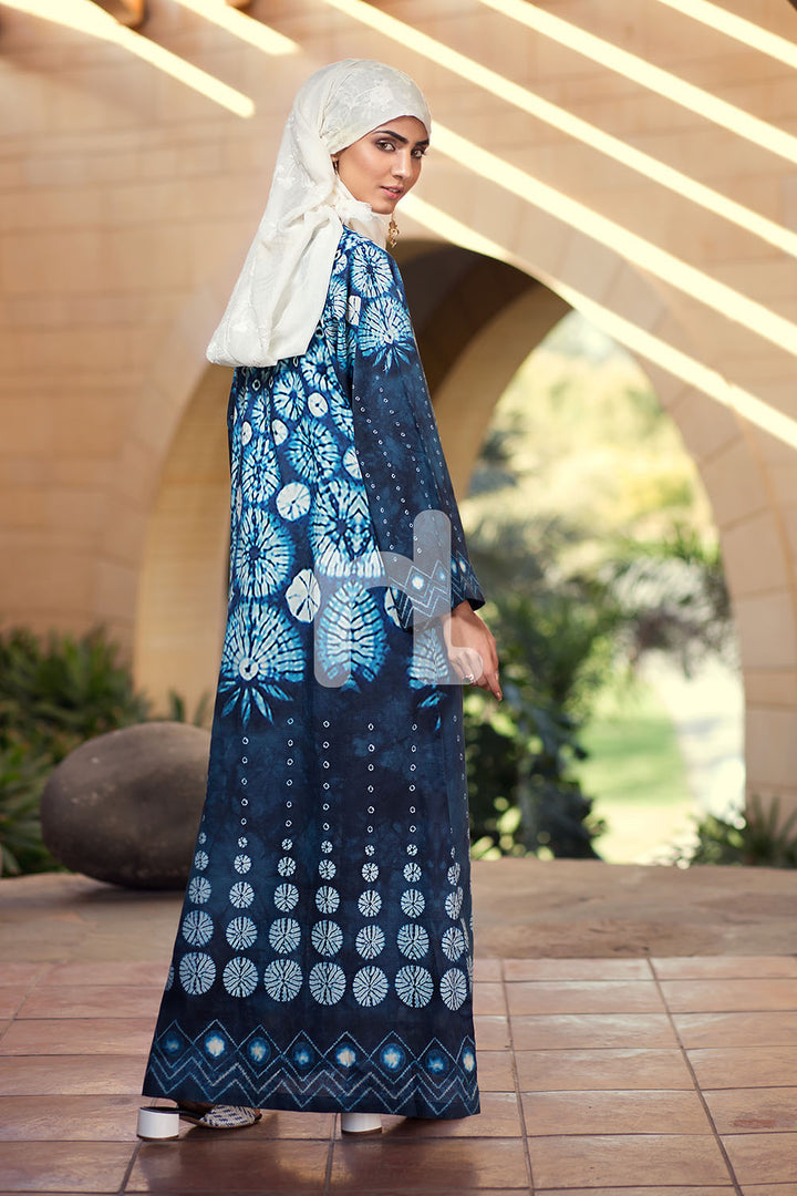 DE19-15 Blue Digital Printed Stitched Pima Cotton Jalabiya - 1PC - Nishat Linen UAE