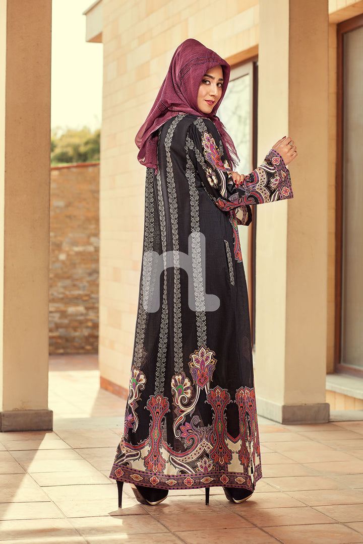 DE19-17 Black Printed Stitched Pima Cotton Jalabiya - 1PC - Nishat Linen UAE