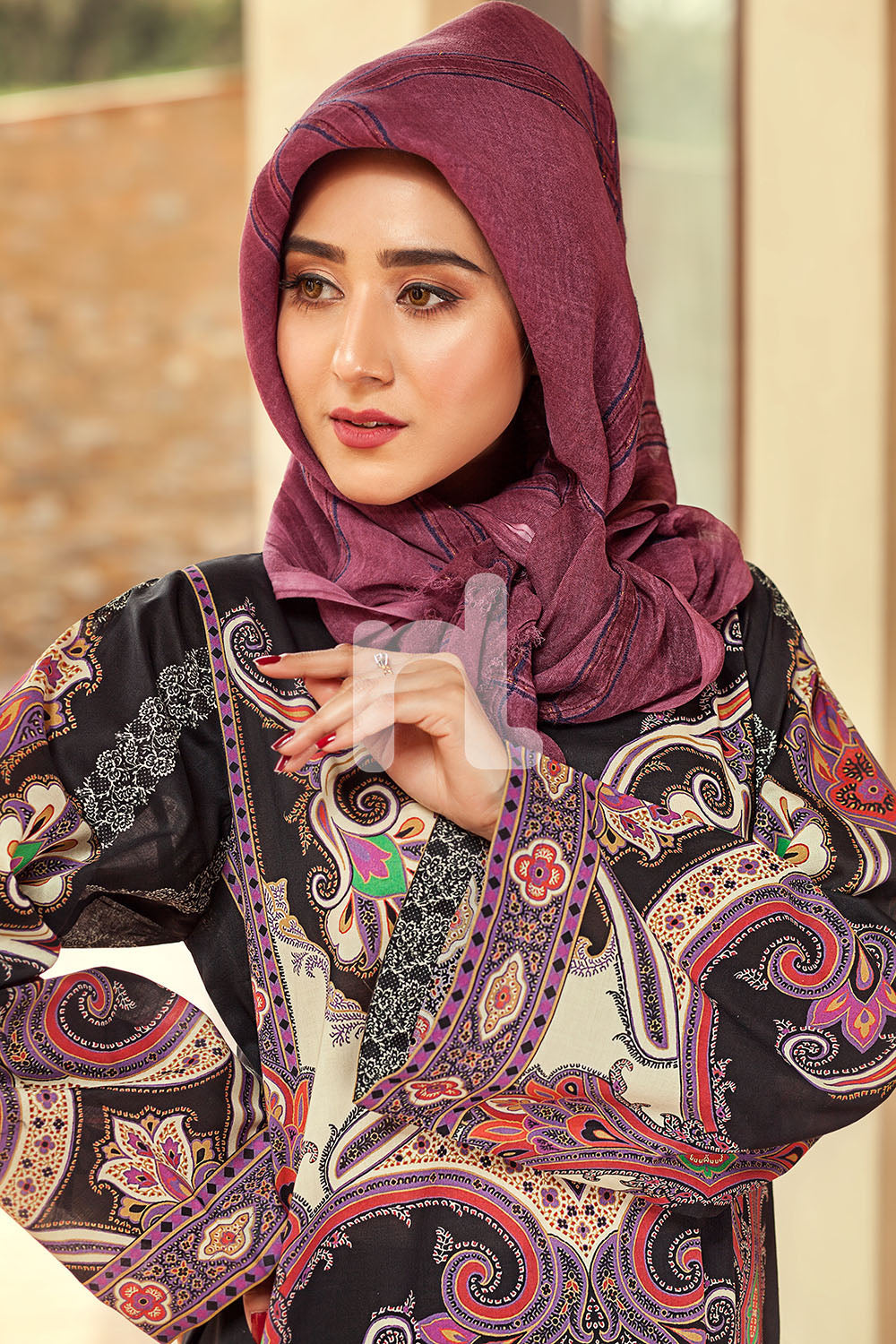 DE19-17 Black Printed Stitched Pima Cotton Jalabiya - 1PC - Nishat Linen UAE