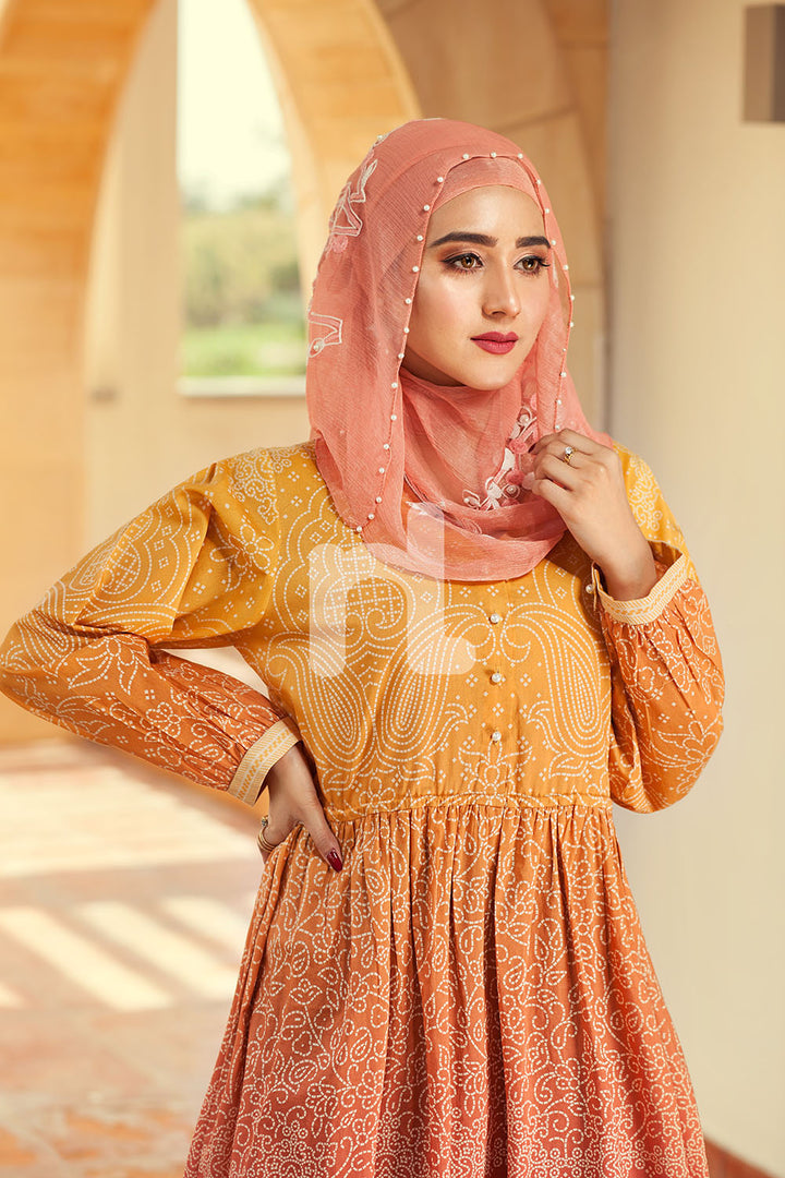 DE19-18 Orange Digital Printed Stitched Pima Cotton Jalabiya - 1PC - Nishat Linen UAE