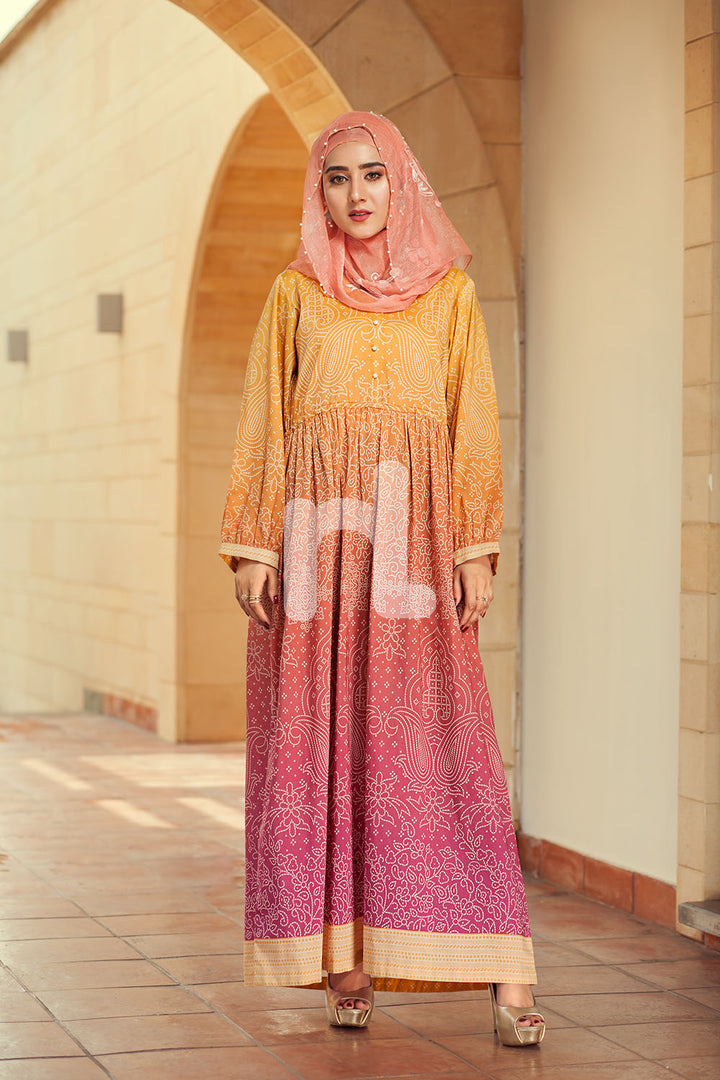 DE19-18 Orange Digital Printed Stitched Pima Cotton Jalabiya - 1PC - Nishat Linen UAE