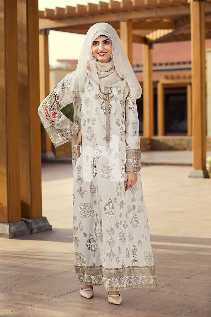 DE19-28 Off White Digital Printed Stitched Pima Cotton Jalabiya - 1PC - Nishat Linen UAE