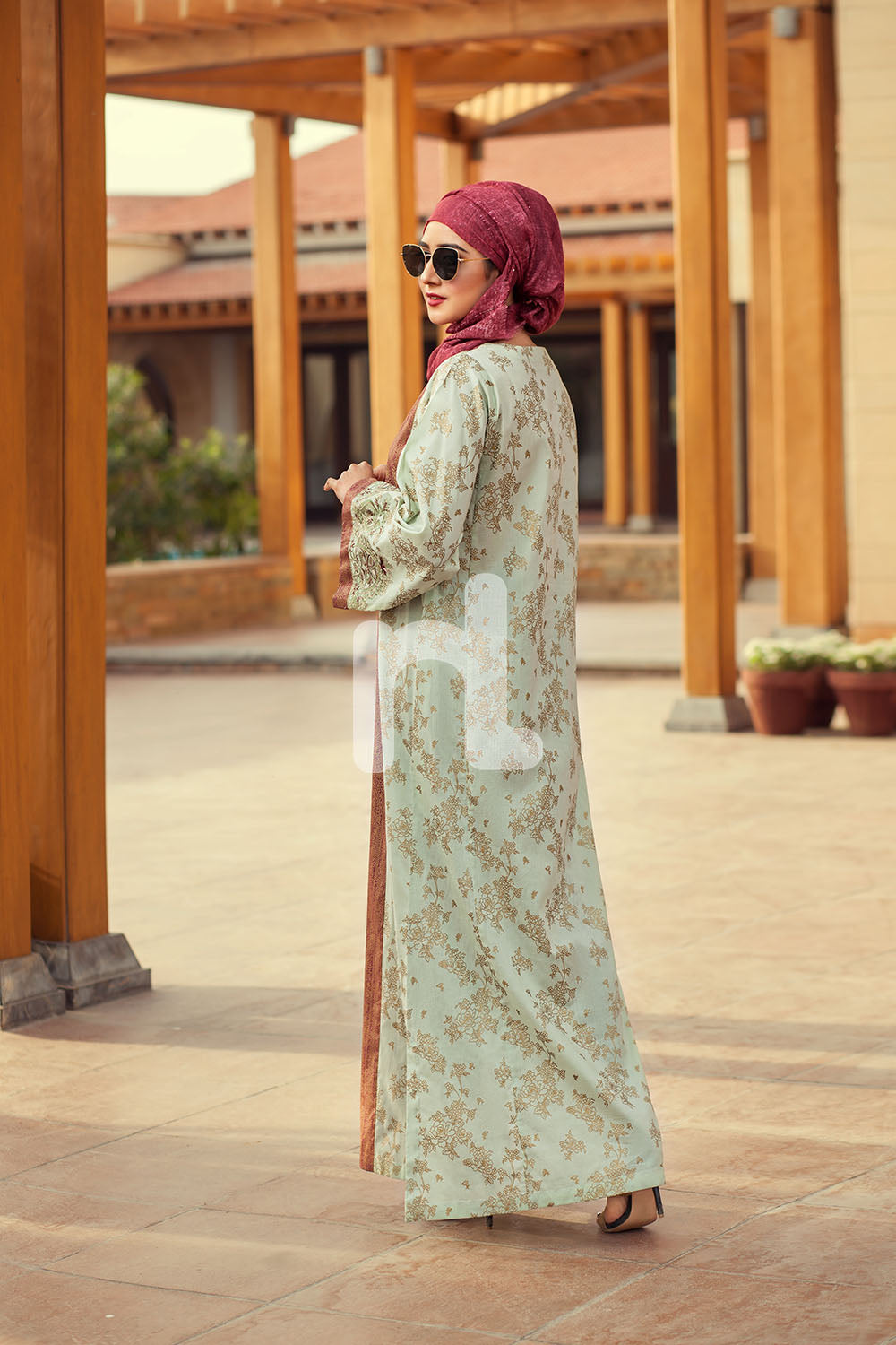 DE19-30 Brown Digital Printed Stitched Pima Cotton Jalabiya - 1PC - Nishat Linen UAE