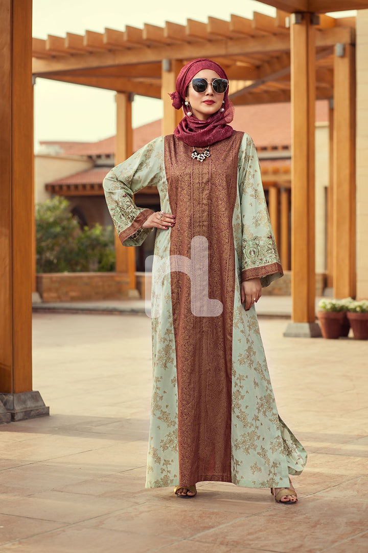 DE19-30 Brown Digital Printed Stitched Pima Cotton Jalabiya - 1PC - Nishat Linen UAE