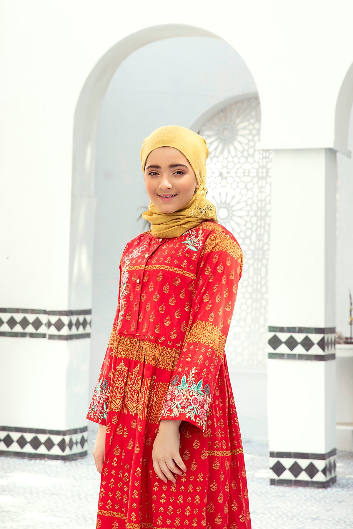 DE21-12-Embroidered Yoke with Button Detailing Kid Fustaan-1PC