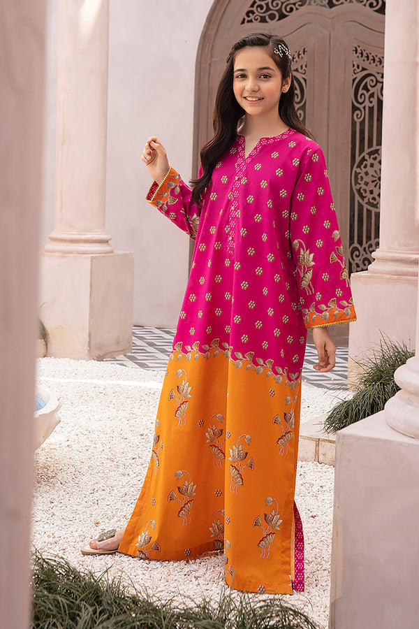 DE22-08-Printed Fustaan With Laced Sleeves 1PC