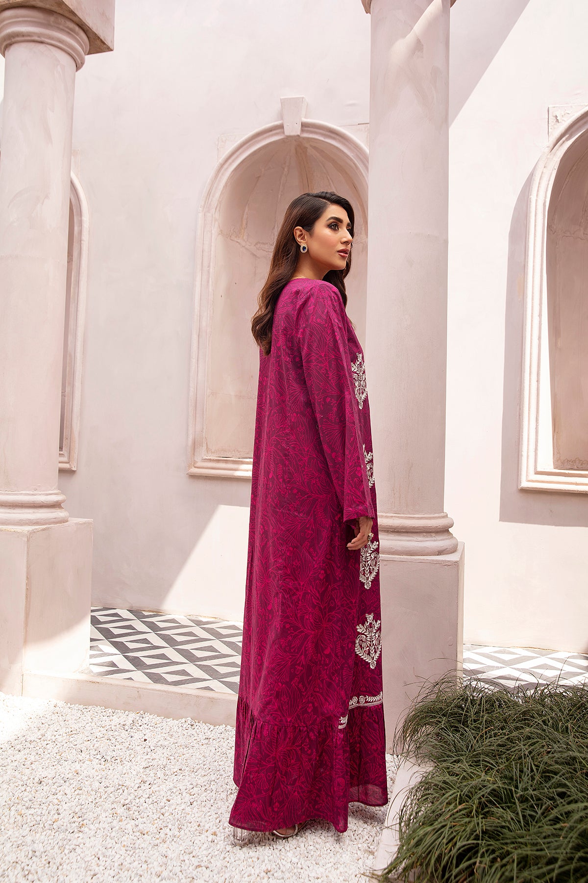 DE22-31-Button Down Printed Embroidered Fustaan 1PC