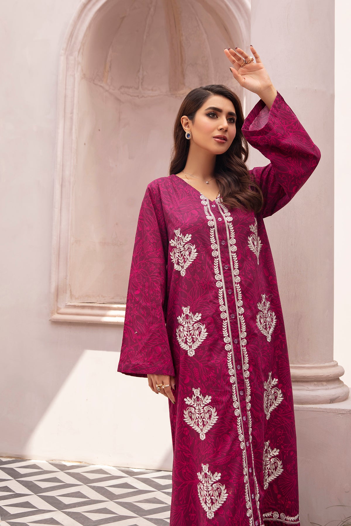 DE22-31-Button Down Printed Embroidered Fustaan 1PC