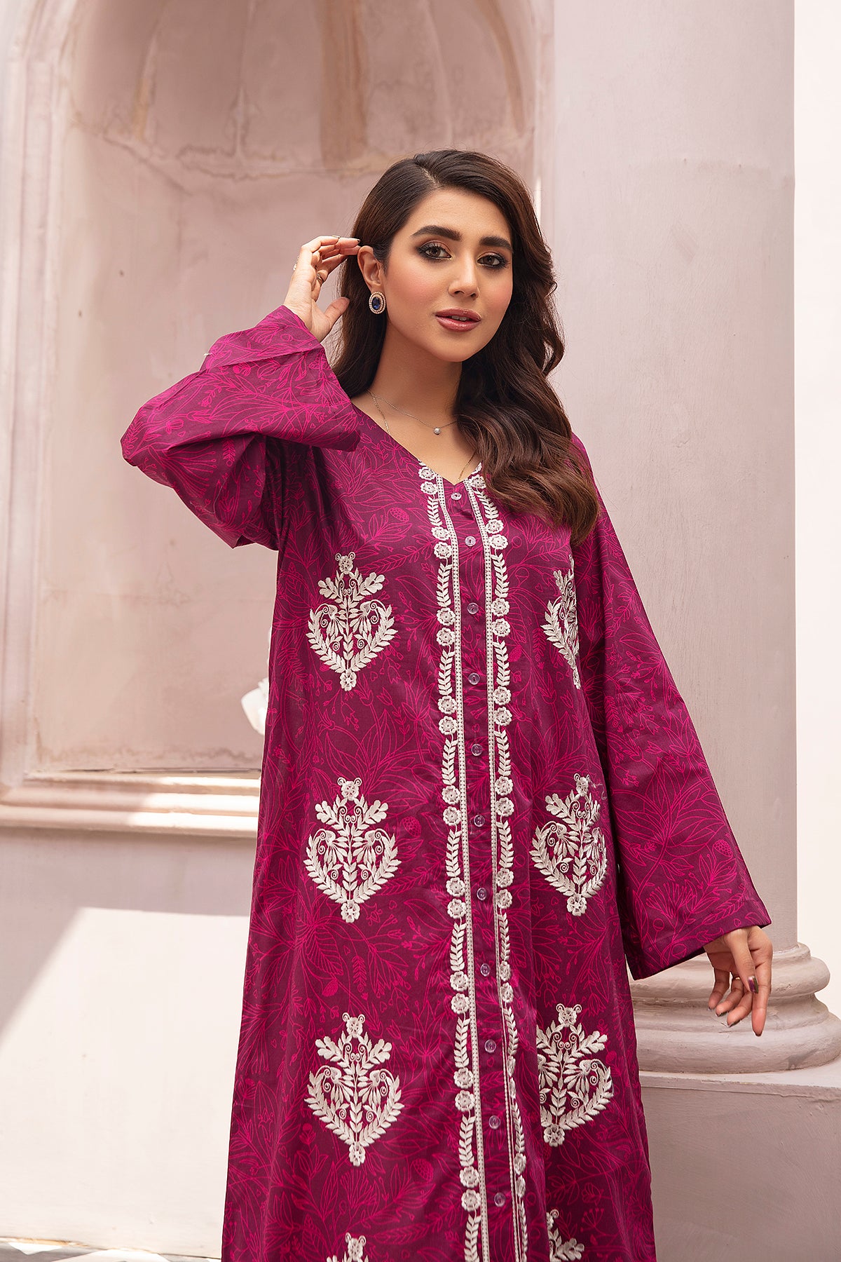 DE22-31-Button Down Printed Embroidered Fustaan 1PC