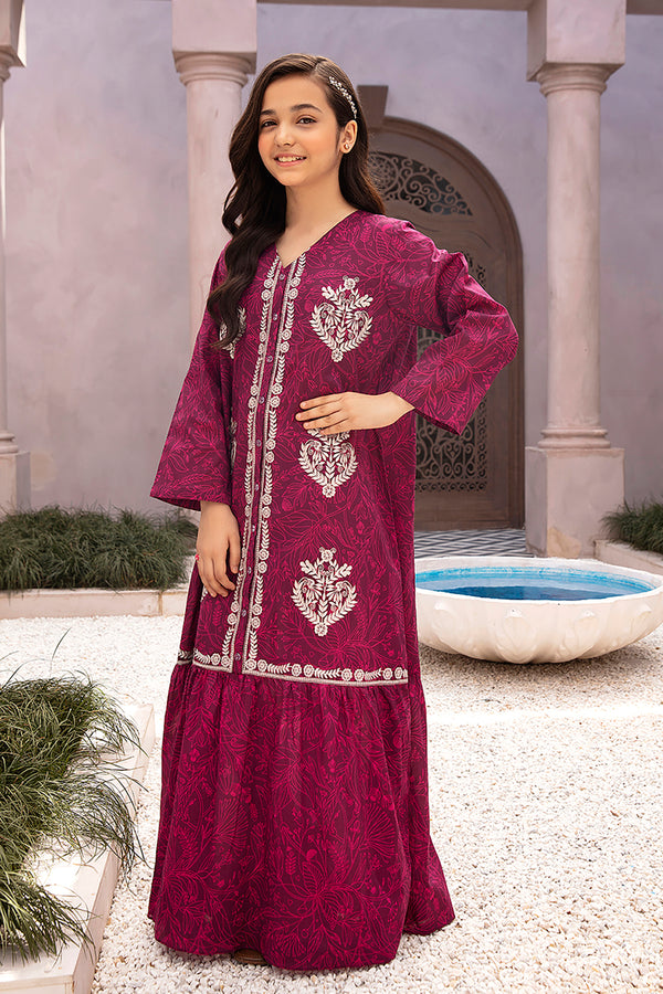 DE22-32-Button Down Printed Embroidered Fustaan 1PC