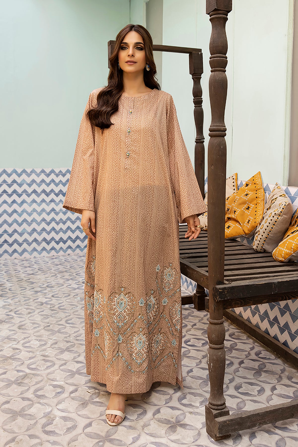 DS22-107-Printed Embroidered Flared Fustaan 1PC