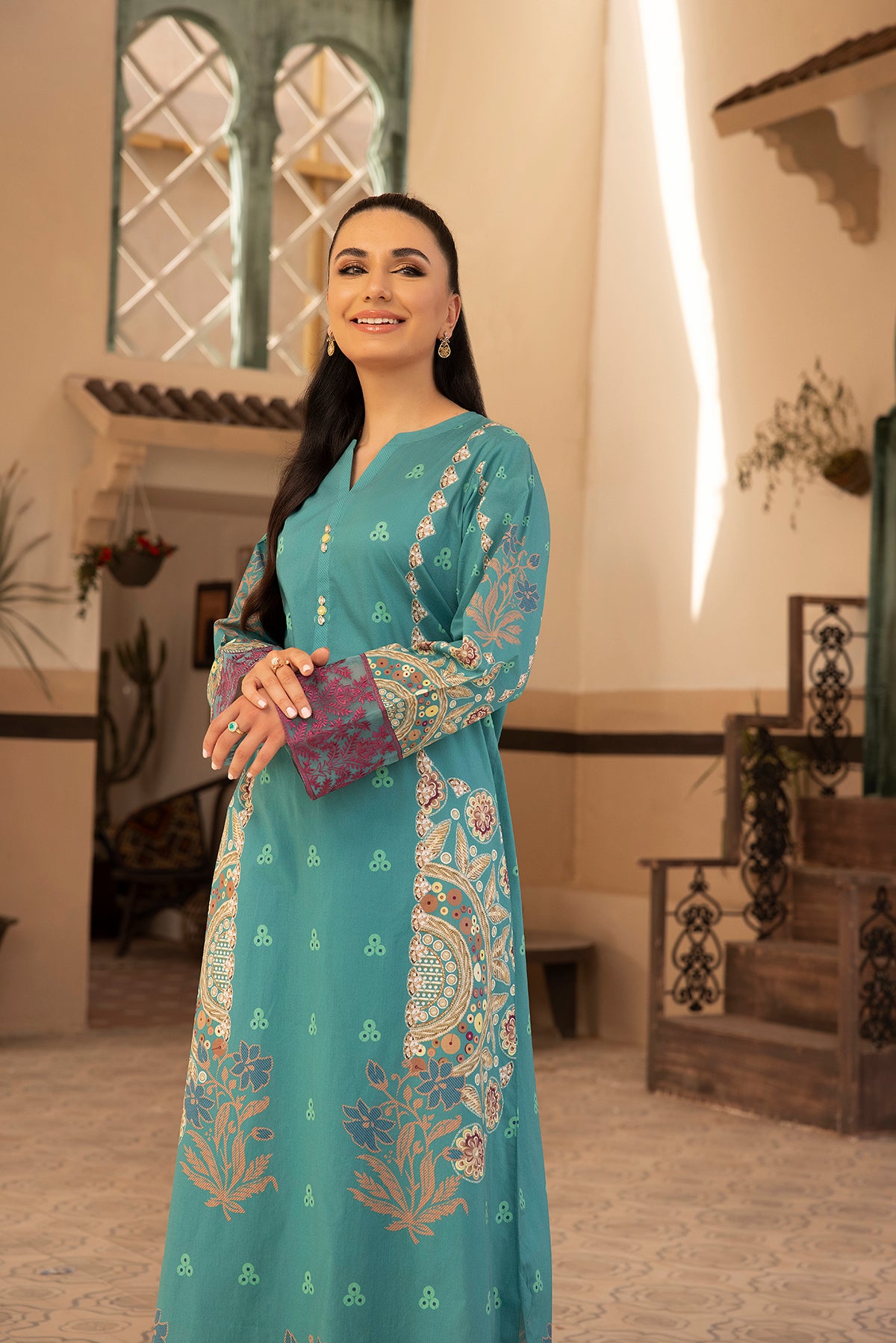 DS22-138-Placket Detailing Printed Embroidered Fustaan 1PC