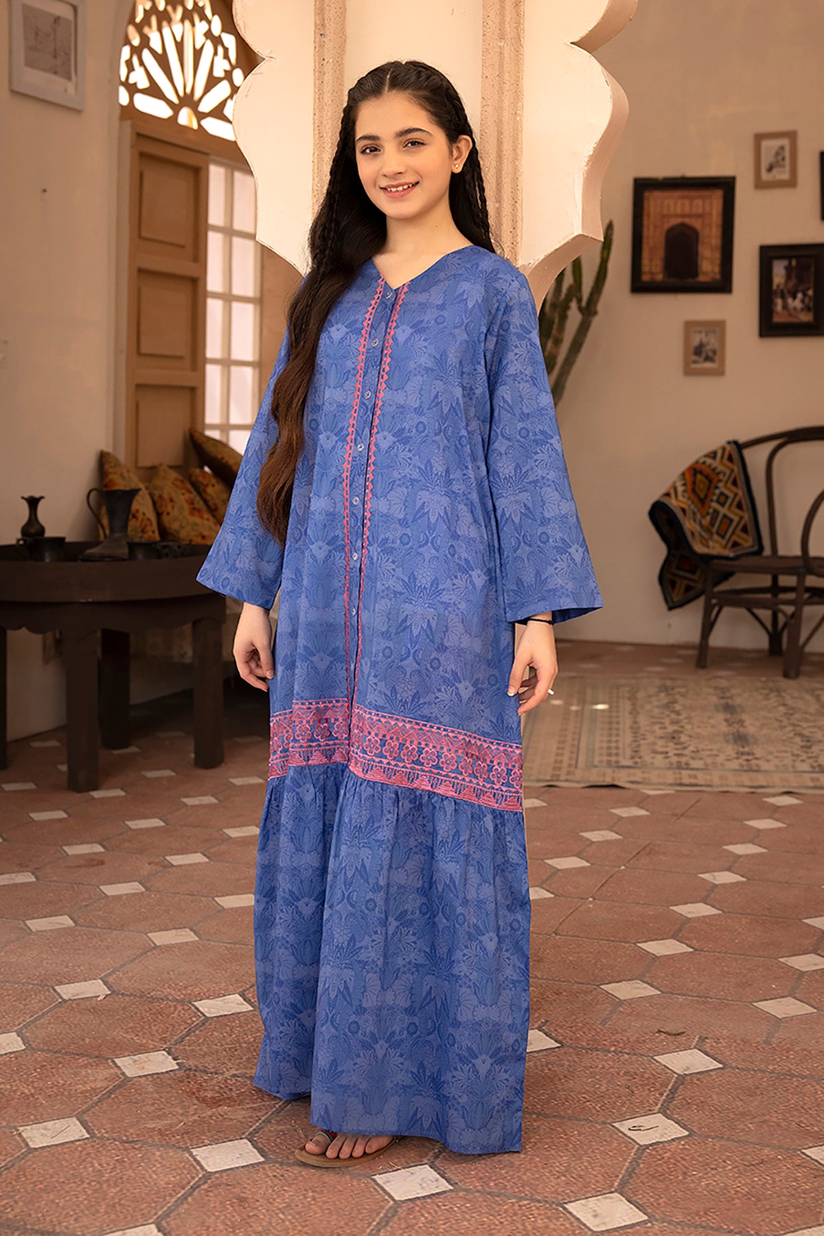 DS22-145-Printed Embroidered Button Down Fustaan 1PC