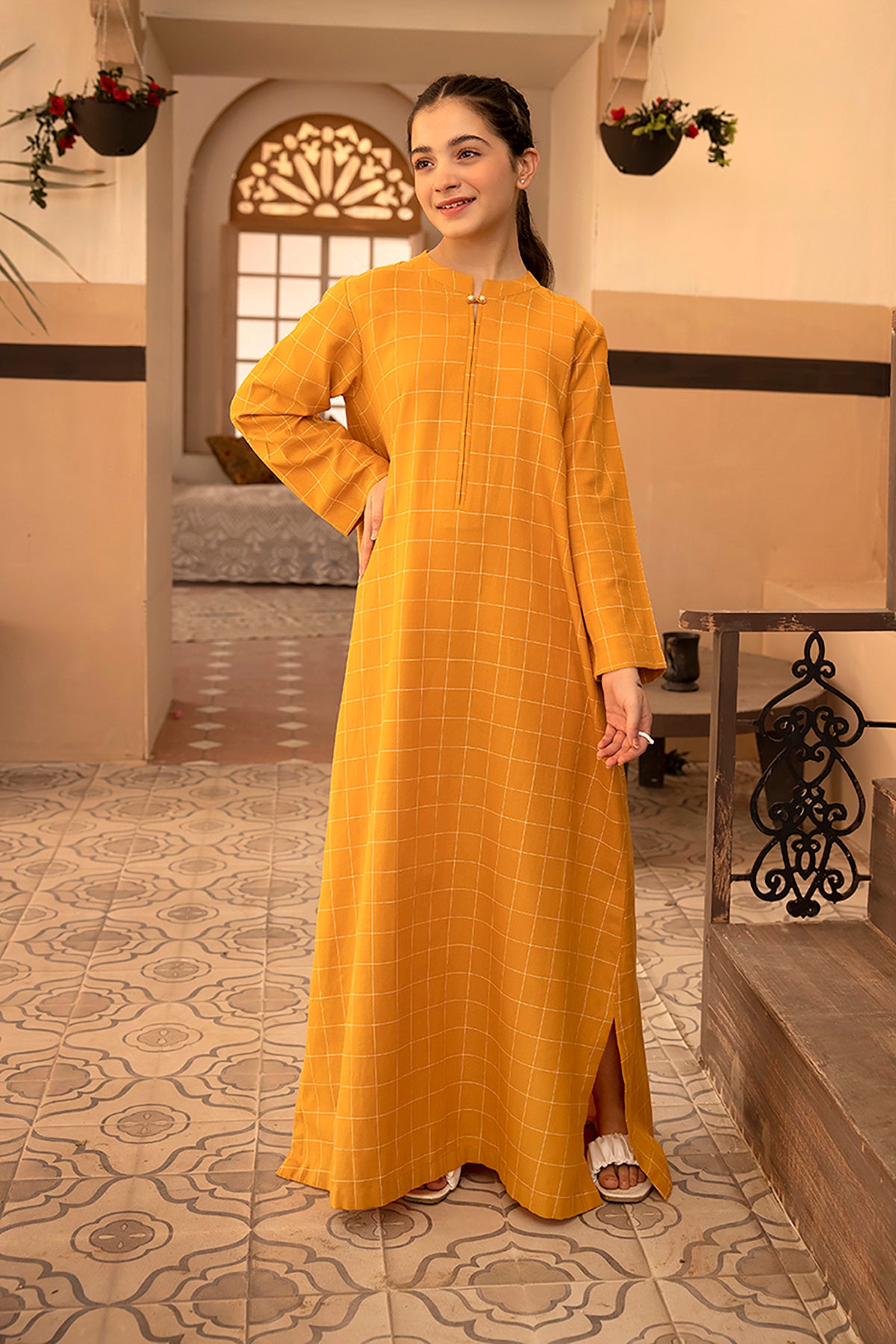 DS22-151-Band Neck Printed Fustaan 1PC