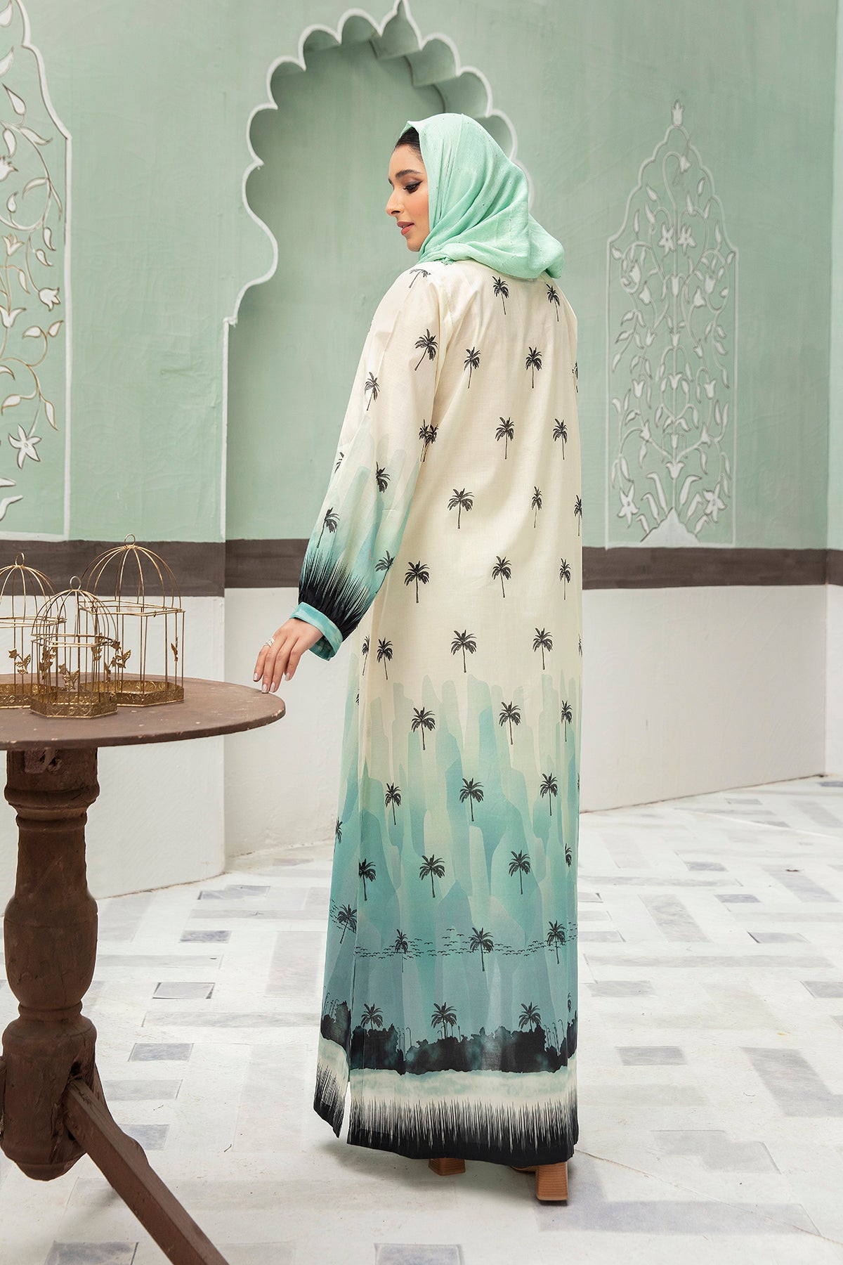 DS22-29-Printed Embroidered Cuff Detailing Fustaan 1PC