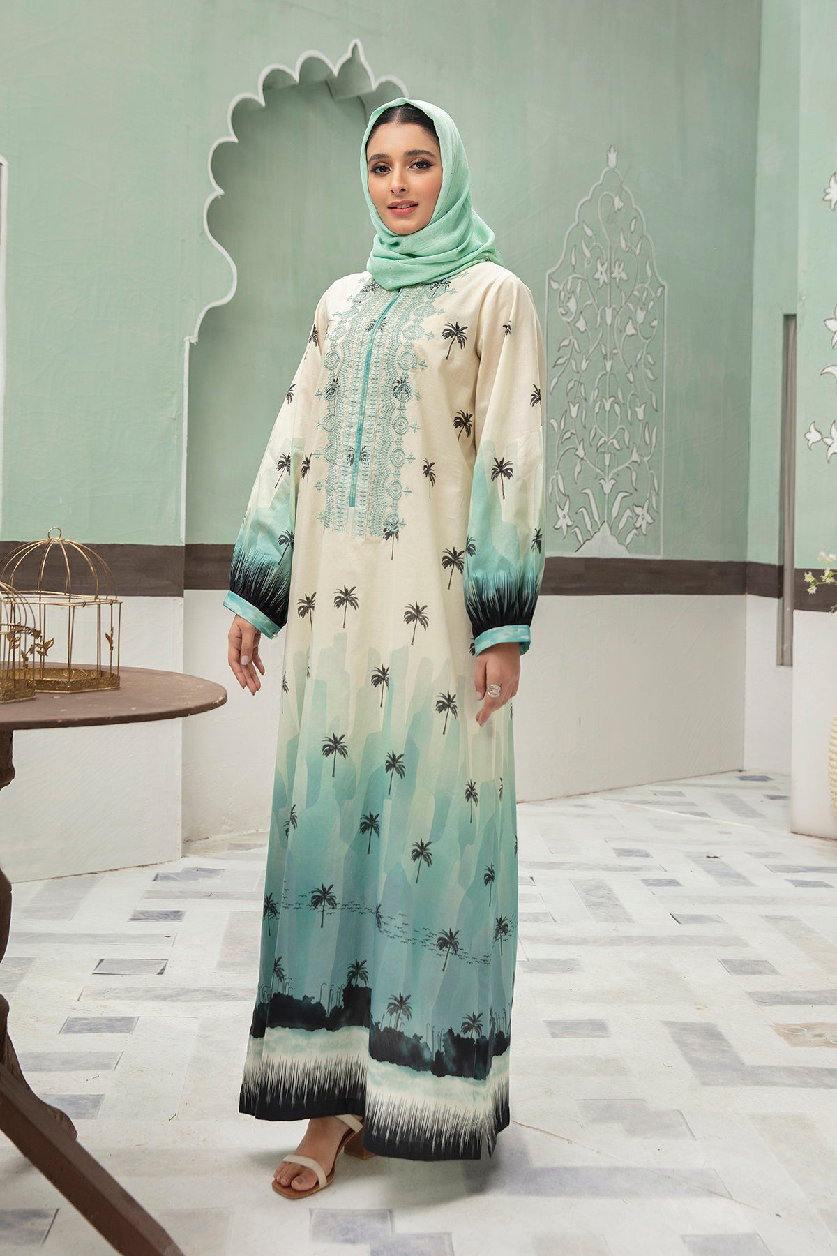 DS22-29-Printed Embroidered Cuff Detailing Fustaan 1PC