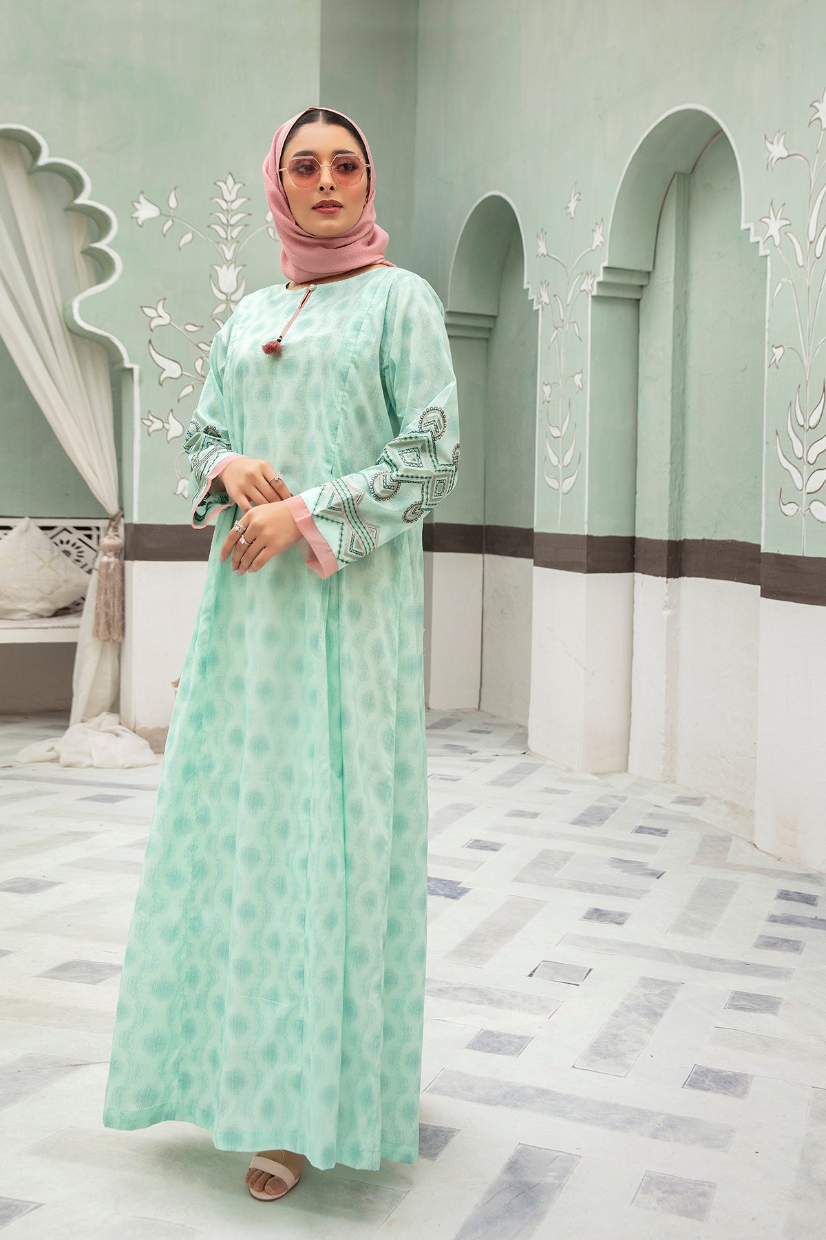 DS22-30-Printed Embroidered Tassel Detail Fustaan 1PC