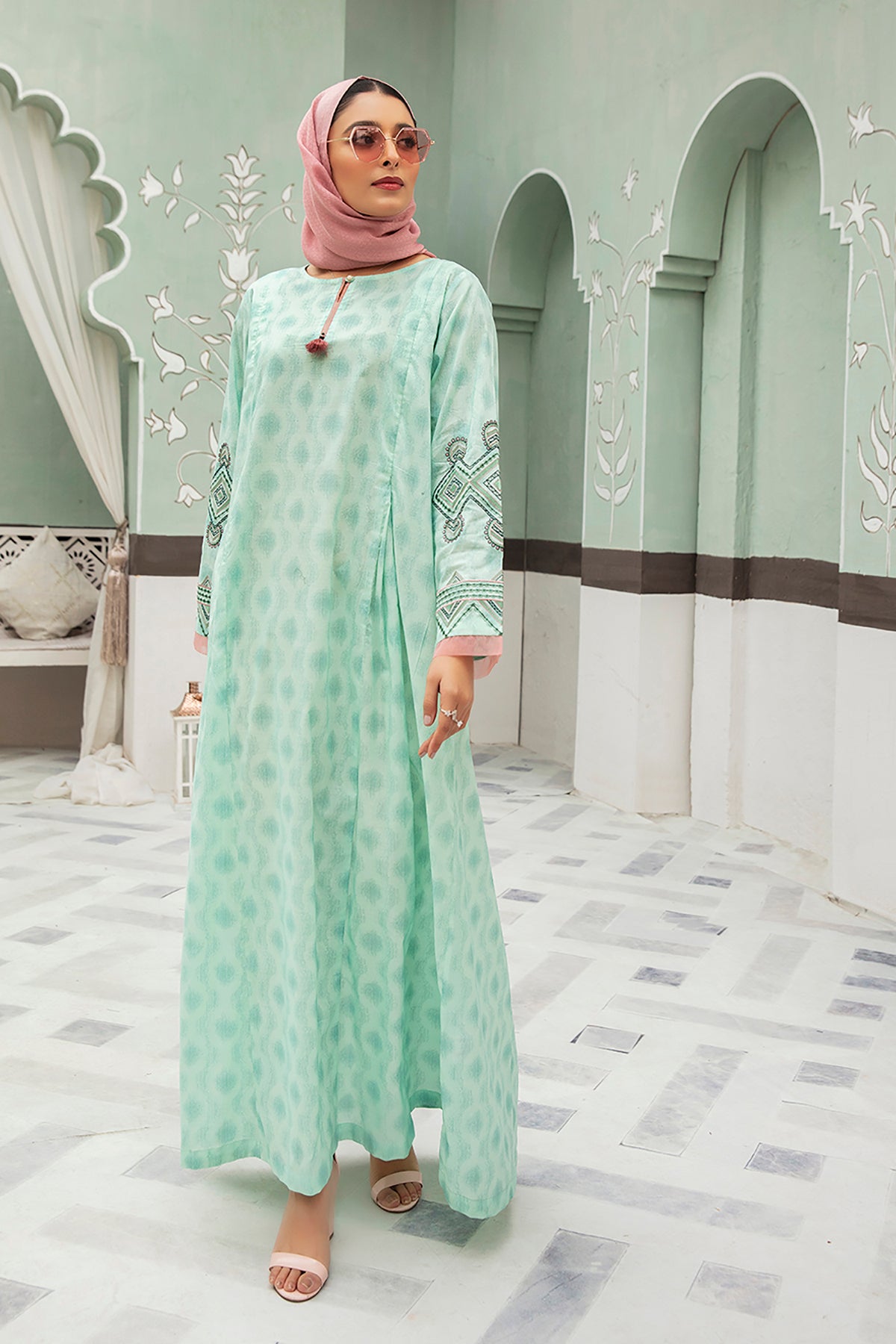 DS22-30-Printed Embroidered Tassel Detail Fustaan 1PC