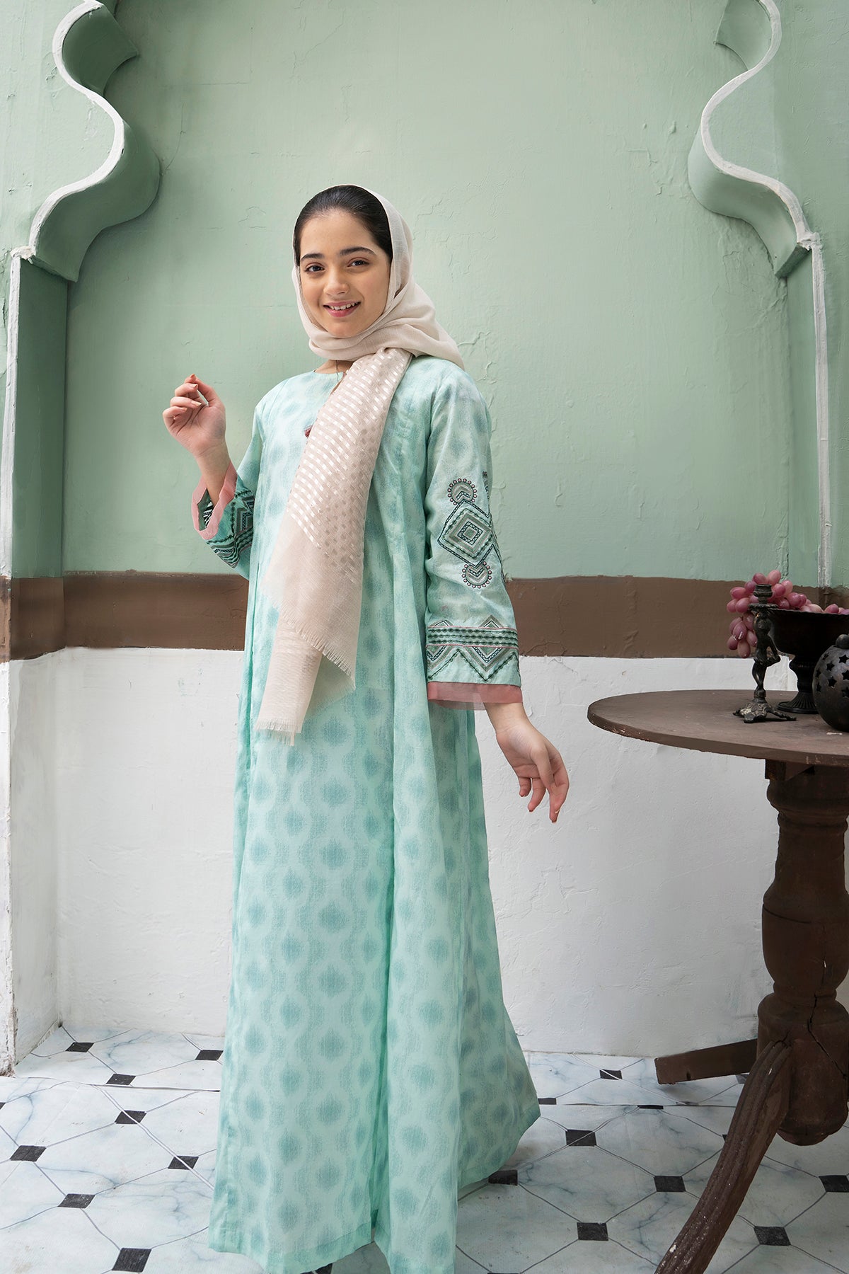 DS22-31-Printed Embroidered Tassel Detailing Fustaan 1PC