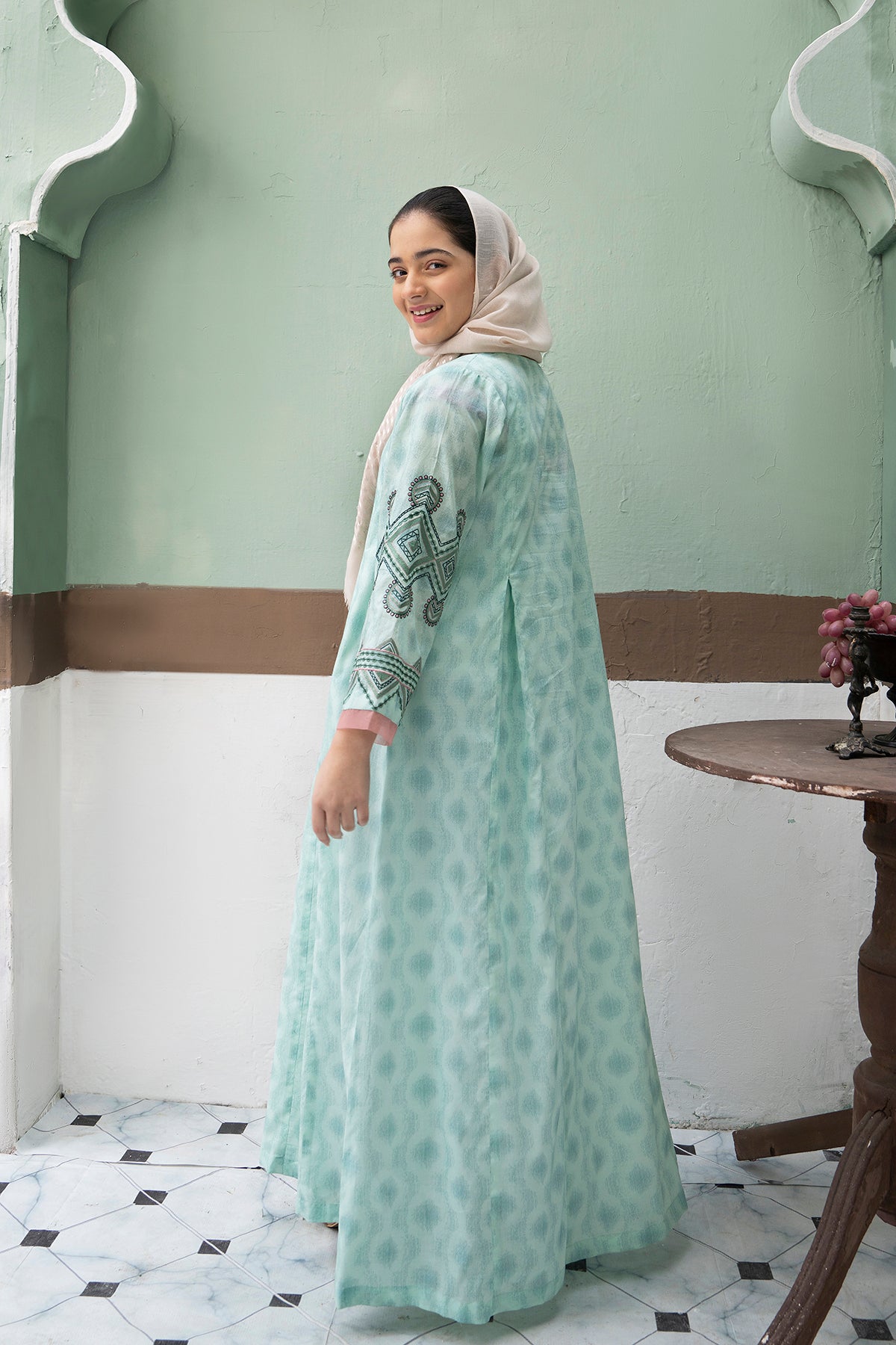 DS22-31-Printed Embroidered Tassel Detailing Fustaan 1PC