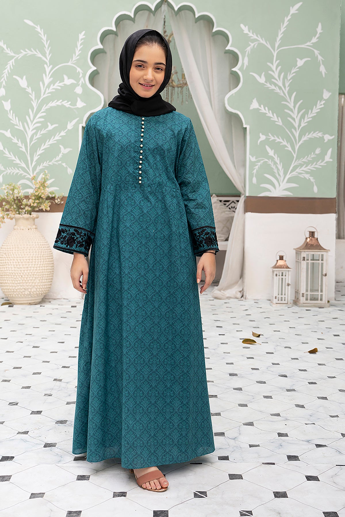 DS22-34-Printed Embroidered Pearl Detail Fustaan 1PC