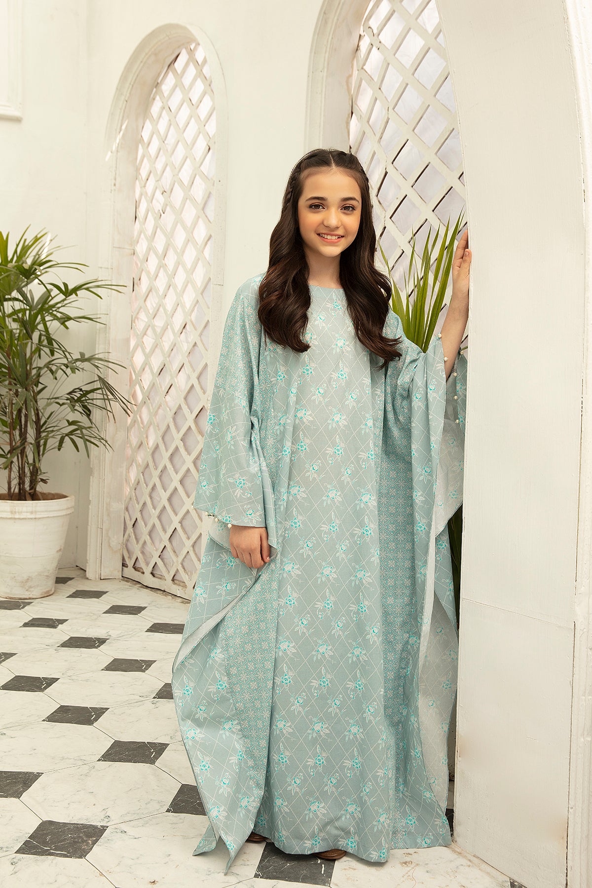 DS22-56-Printed Kaftan Cut Fustaan 1PC
