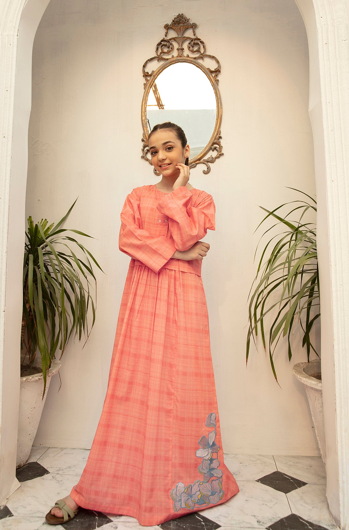 DS22-57-Printed Embroidered Flared Fustaan 1PC