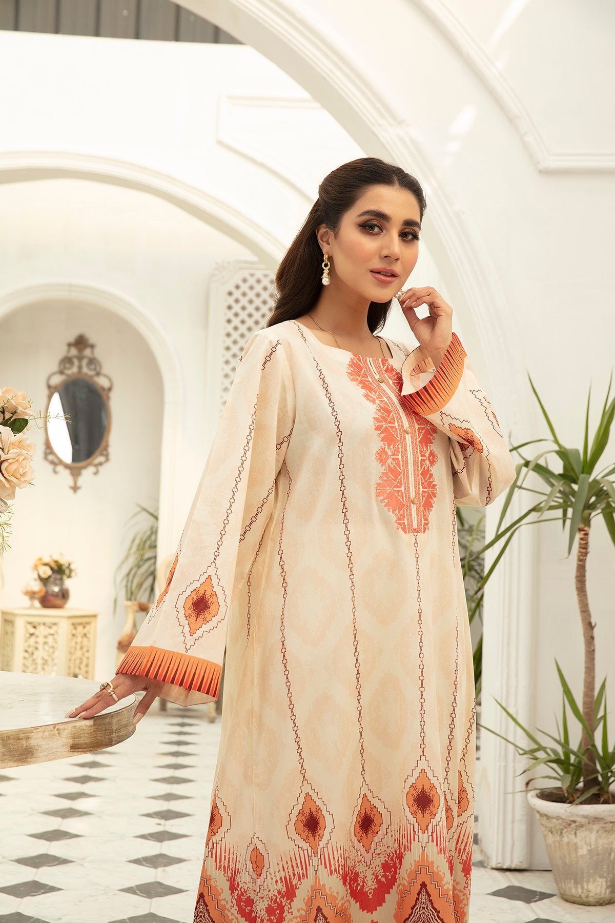 DS22-59-Printed Embroidered Button Details Fustaan 1PC