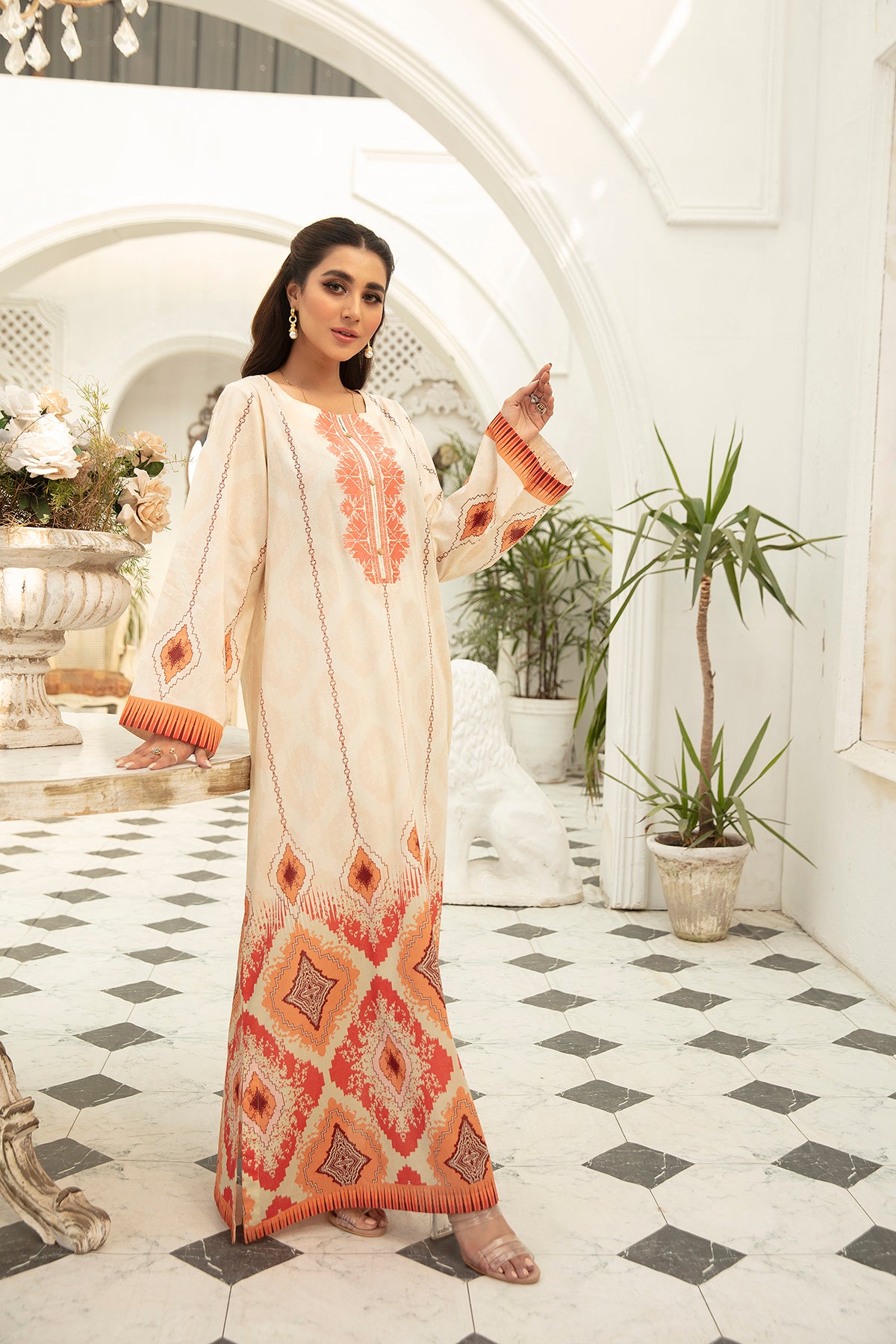 DS22-59-Printed Embroidered Button Details Fustaan 1PC