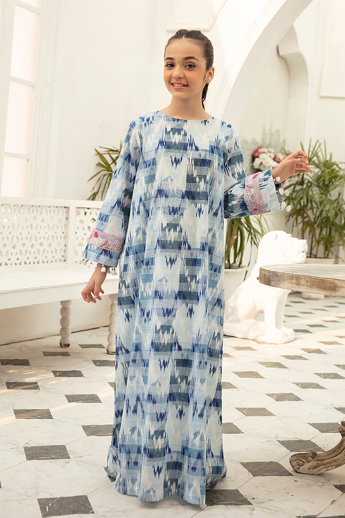 DS22-61-Printed Embroidered Tassels Details Fustaan 1PC