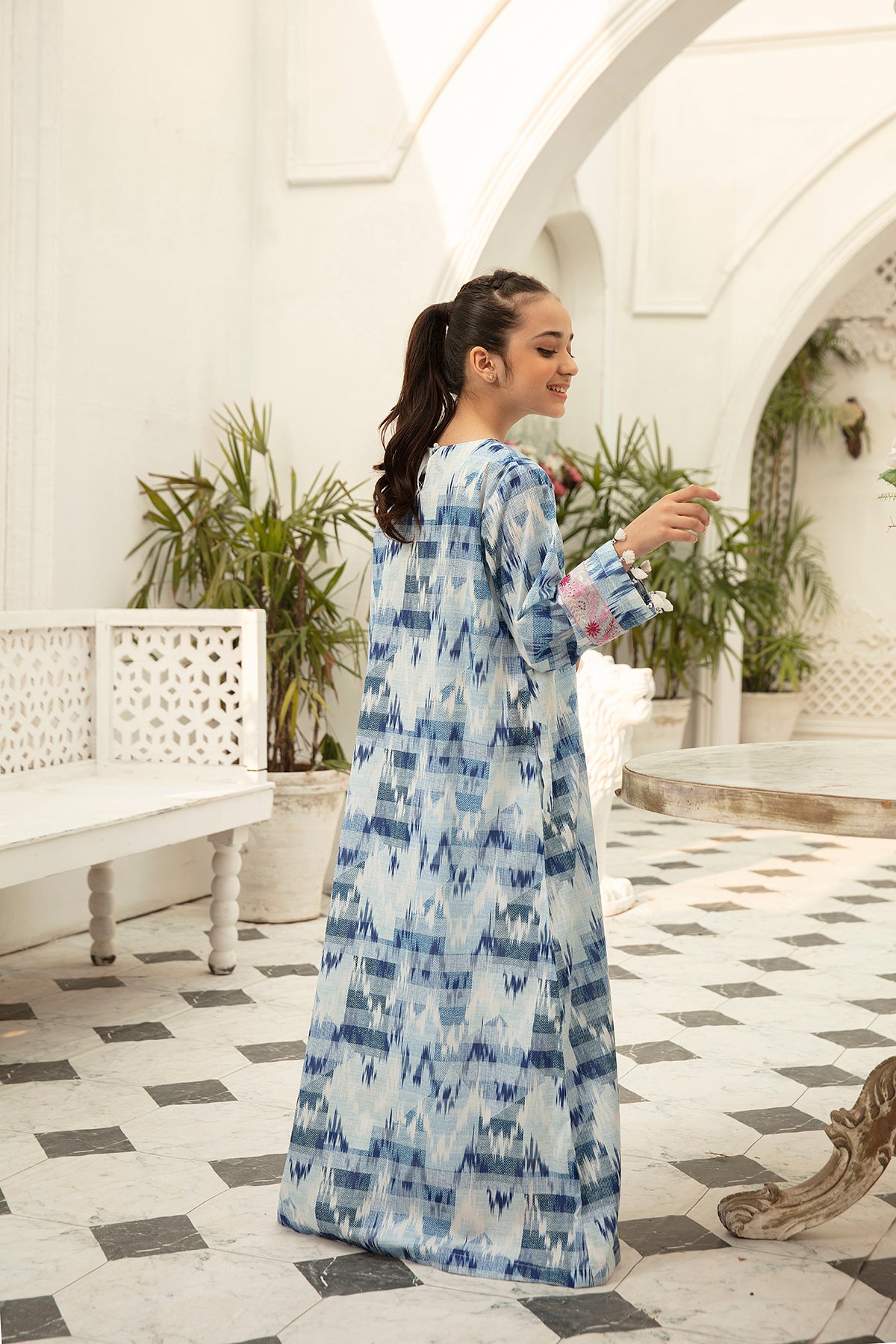 DS22-61-Printed Embroidered Tassels Details Fustaan 1PC