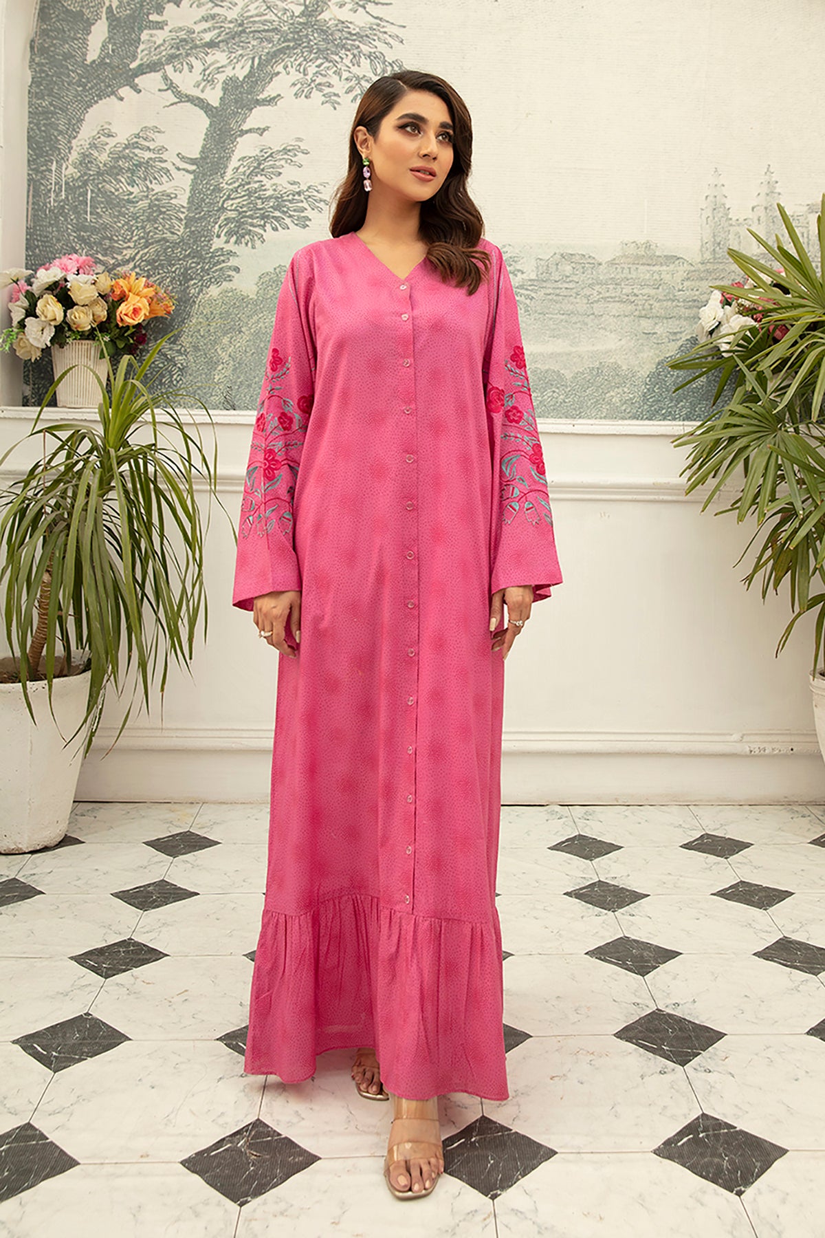 DS22-65-Printed Embroidered Button Down Fustaan 1PC
