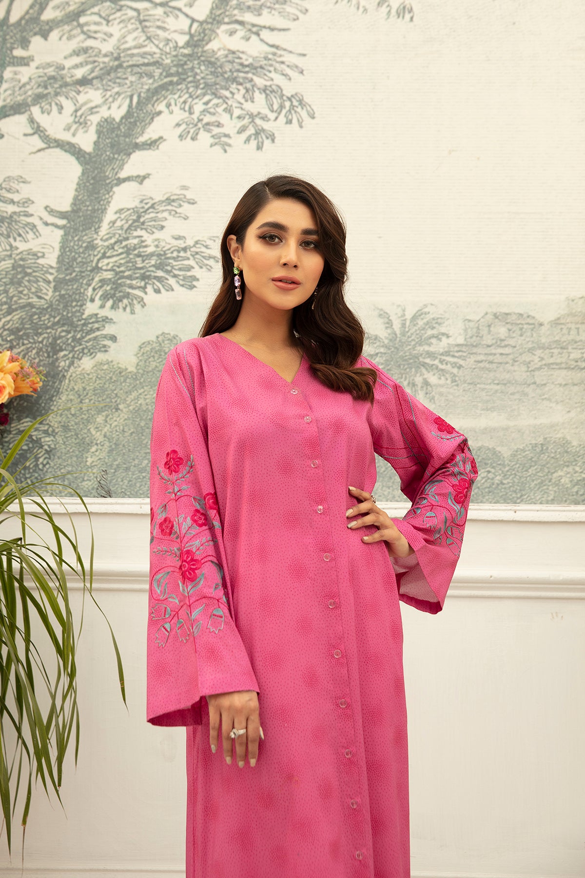 DS22-65-Printed Embroidered Button Down Fustaan 1PC