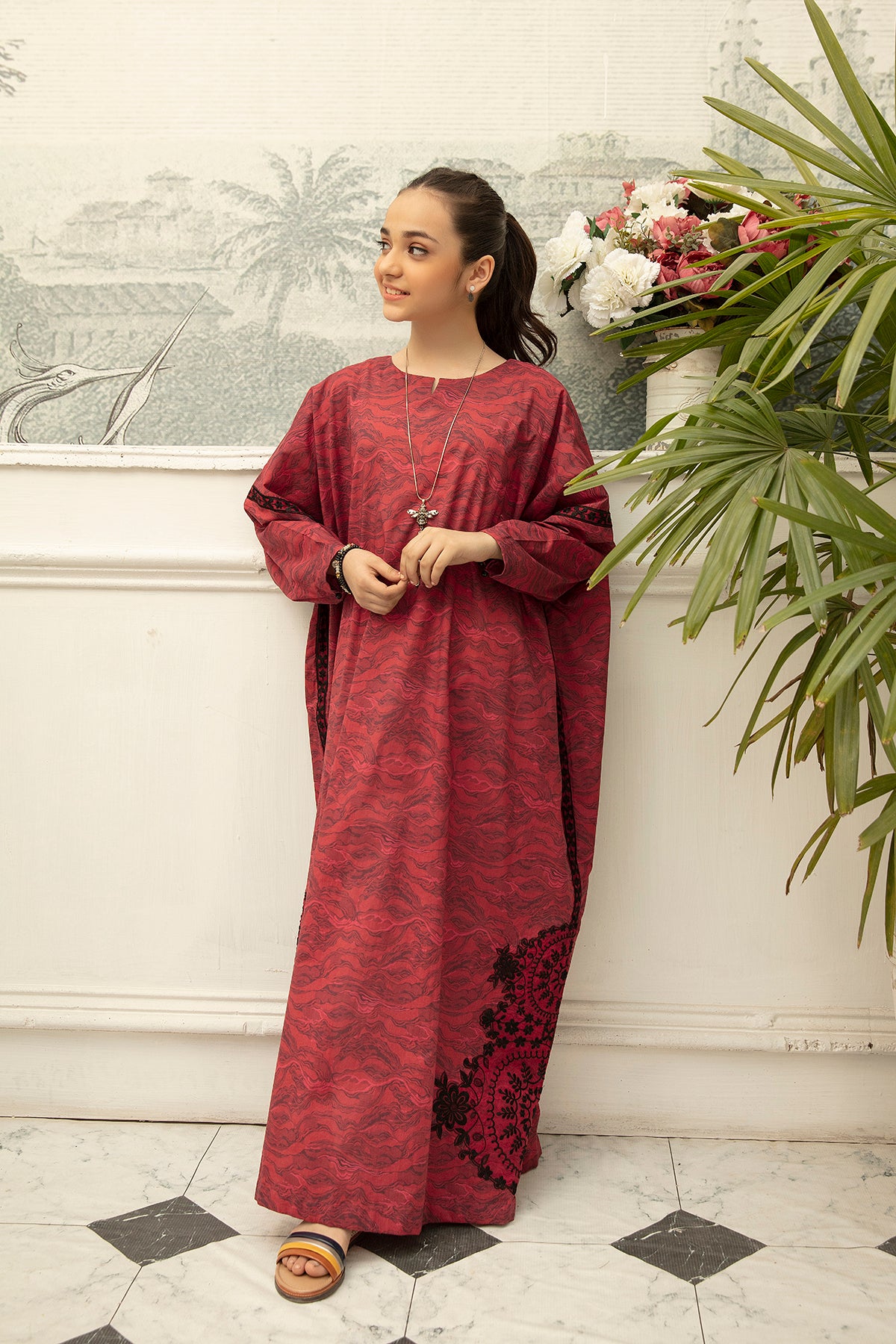 DS22-75-Printed Embroidered Loose Fustaan 1PC