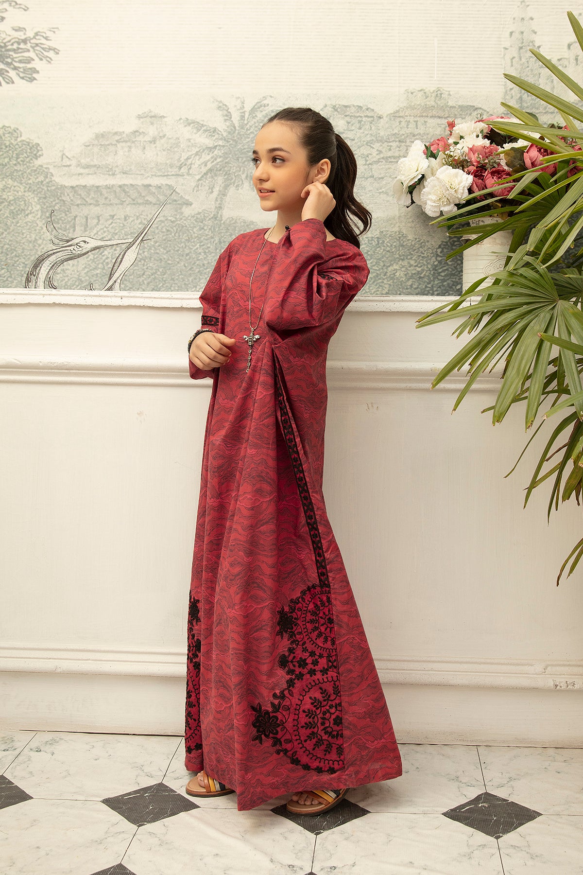 DS22-75-Printed Embroidered Loose Fustaan 1PC