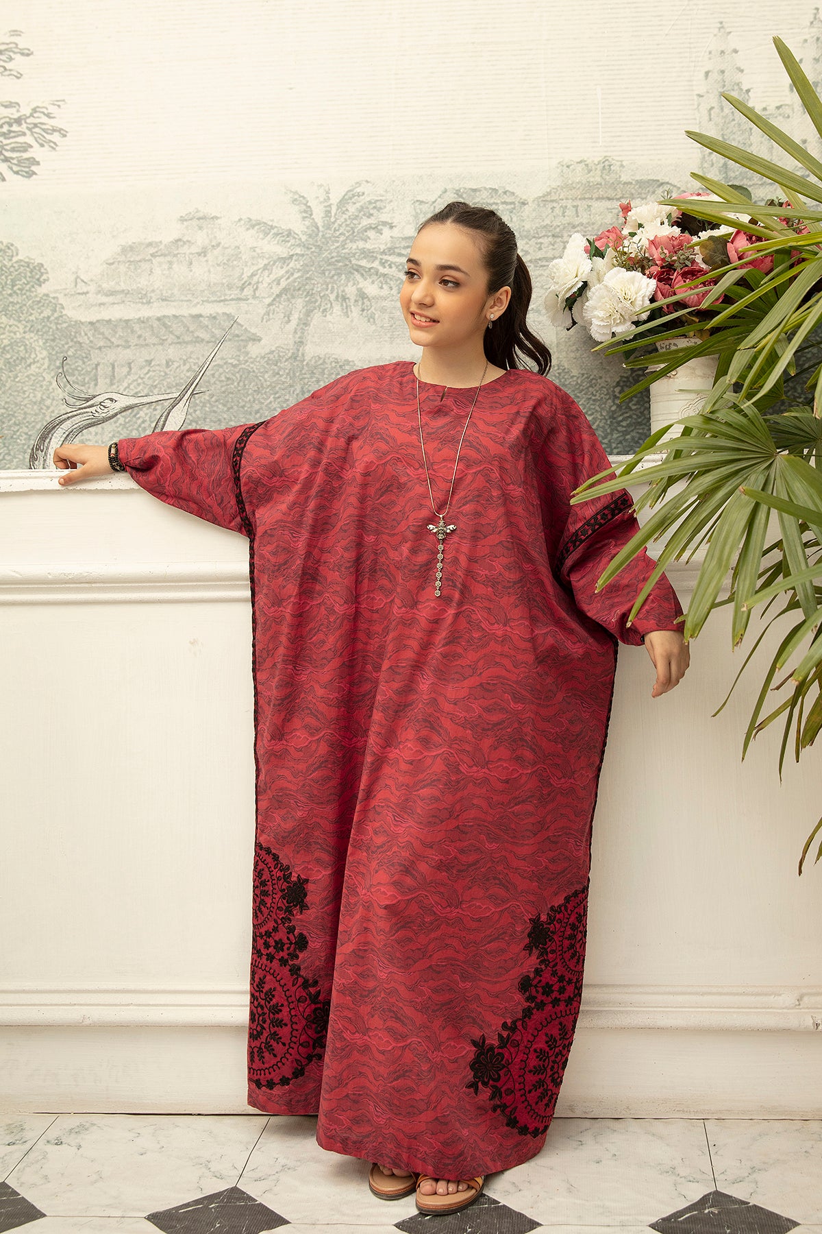DS22-75-Printed Embroidered Loose Fustaan 1PC