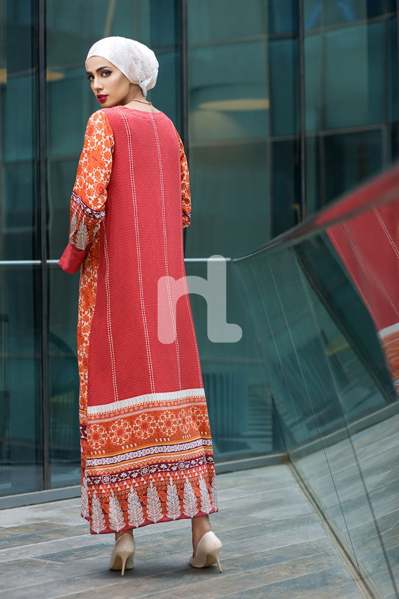 DSW18-32 Orange Digital Printed Stitched Lawn Jalabiya - 1PC - Nishat Linen UAE